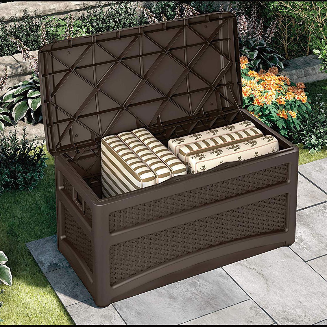 Suncast 73 Gallon Deck Box w/ Seat & Trash Hideaway Outdoor Garbage Bin, Java - Smart-nests