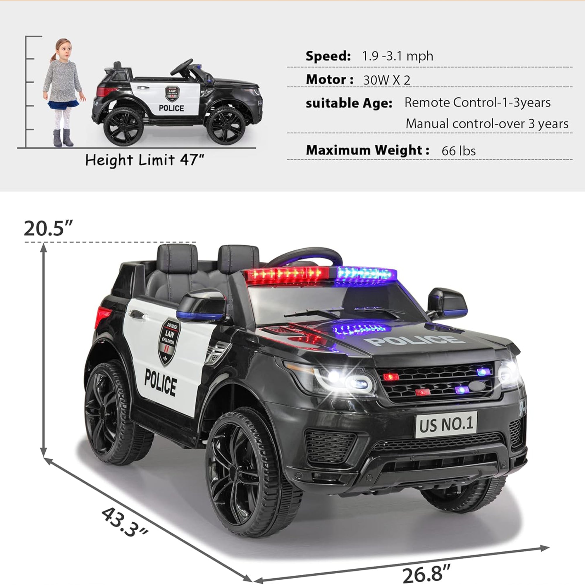 TOBBI 12 Volt Battery Powered Ride On Police SUV for Kids Ages 3 Years, Black - Smart-nests