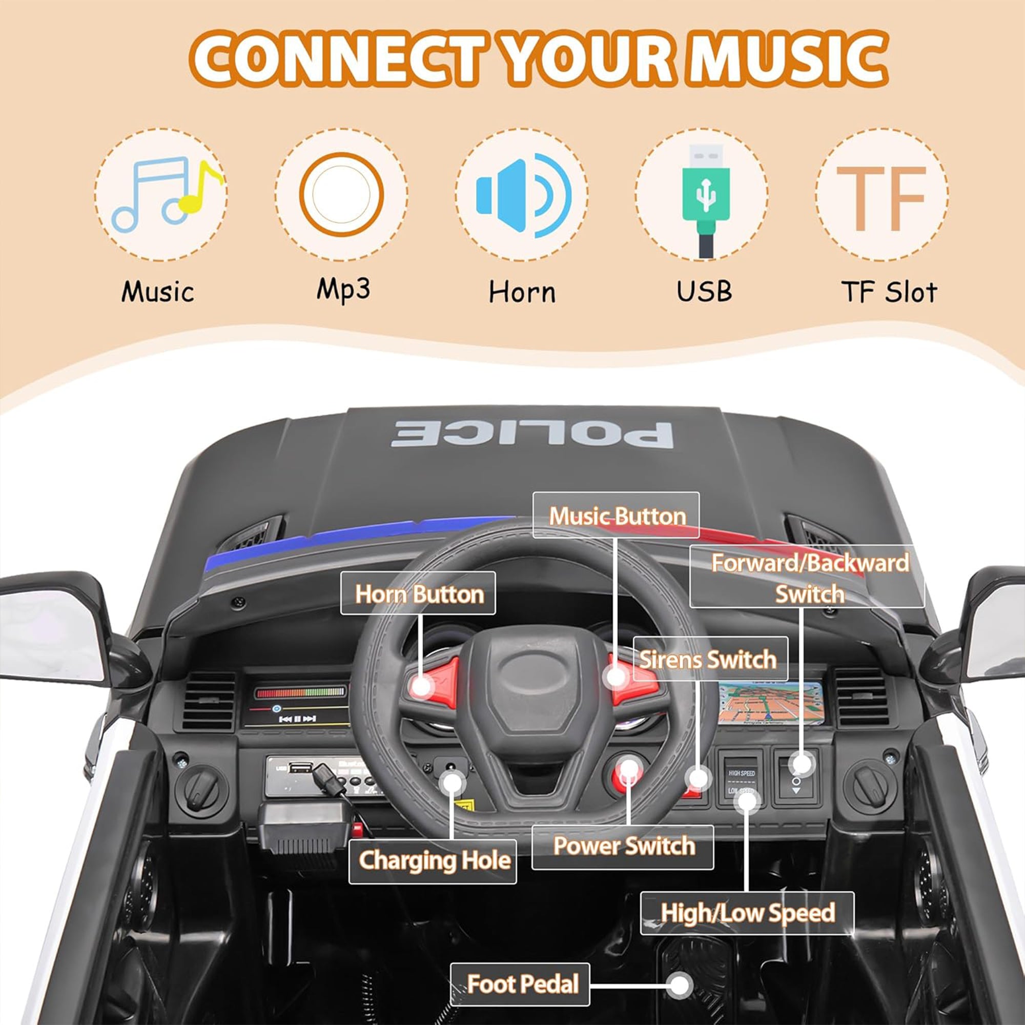 TOBBI 12 Volt Battery Powered Ride On Police SUV for Kids Ages 3 Years, Black - Smart-nests