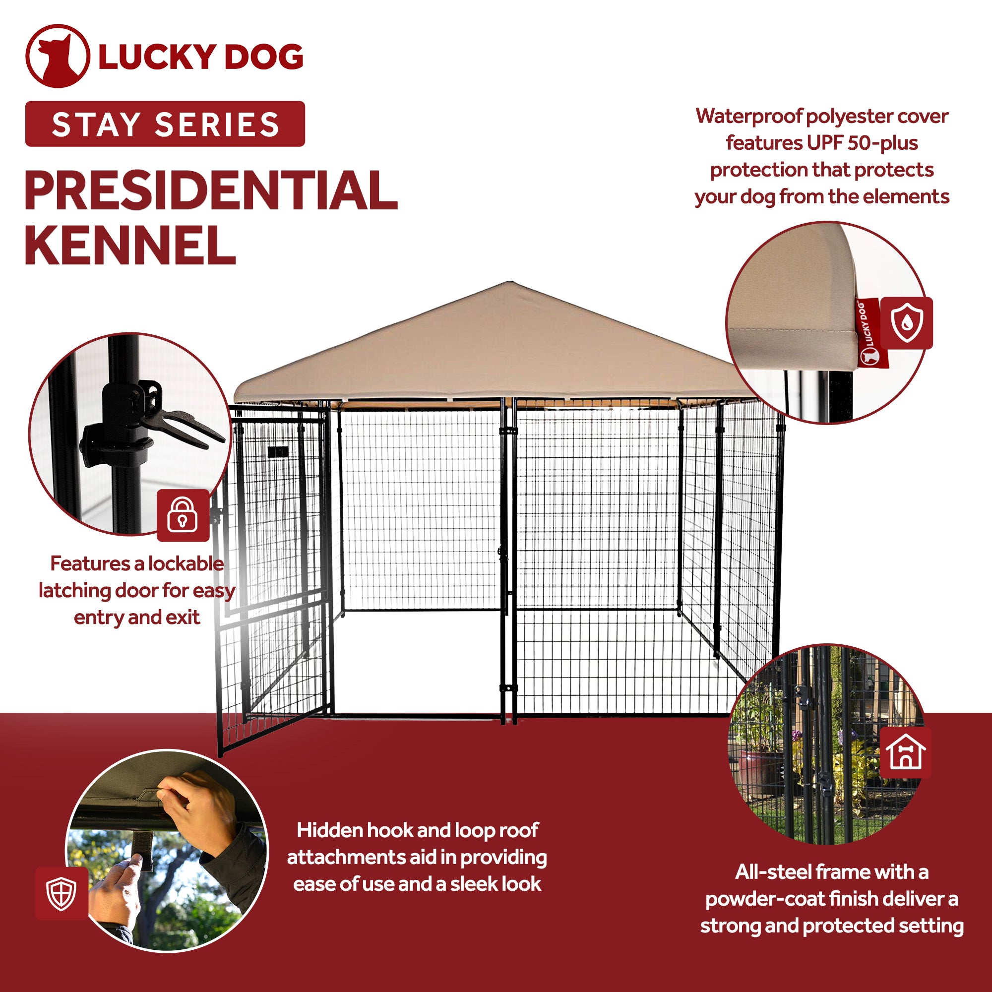 Lucky Dog STAY Series Presidential 10 x 10 x 6 Ft Steel Frame Dog Kennel, Khaki - Smart-nests