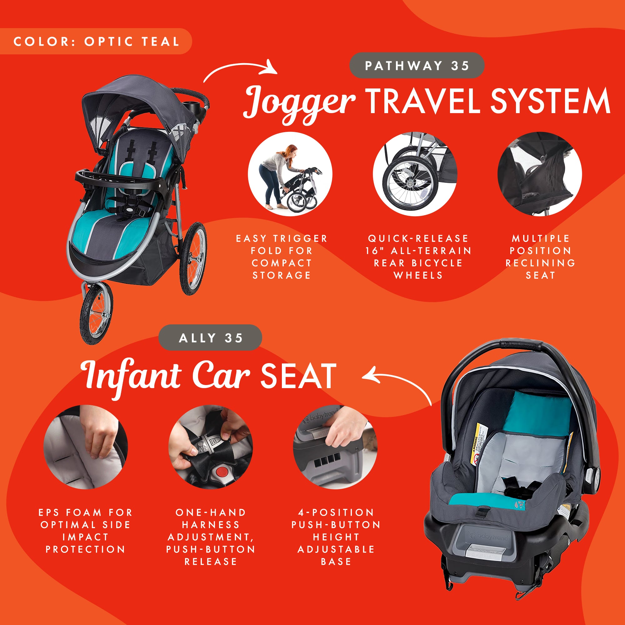 Baby Trend Pathway 35 Jogger Infant Baby Jogger Stroller Travel System, Teal - Smart-nests