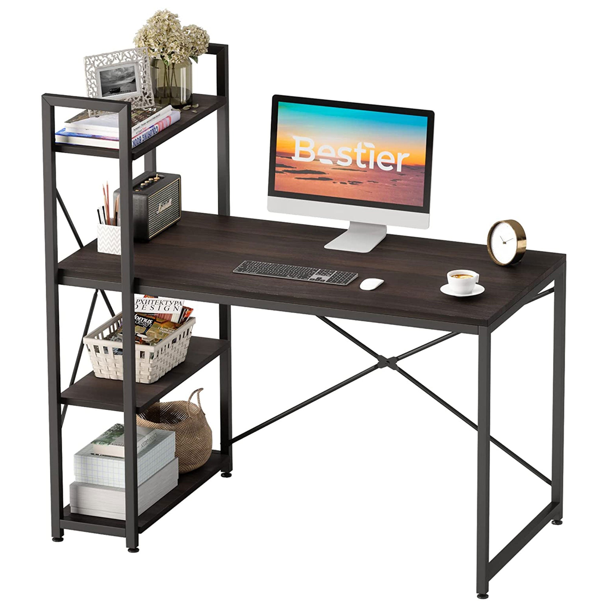 Bestier 47 Inch Computer Writing Desk w/ Storage Shelves for Small Spaces, Brown - Smart-nests