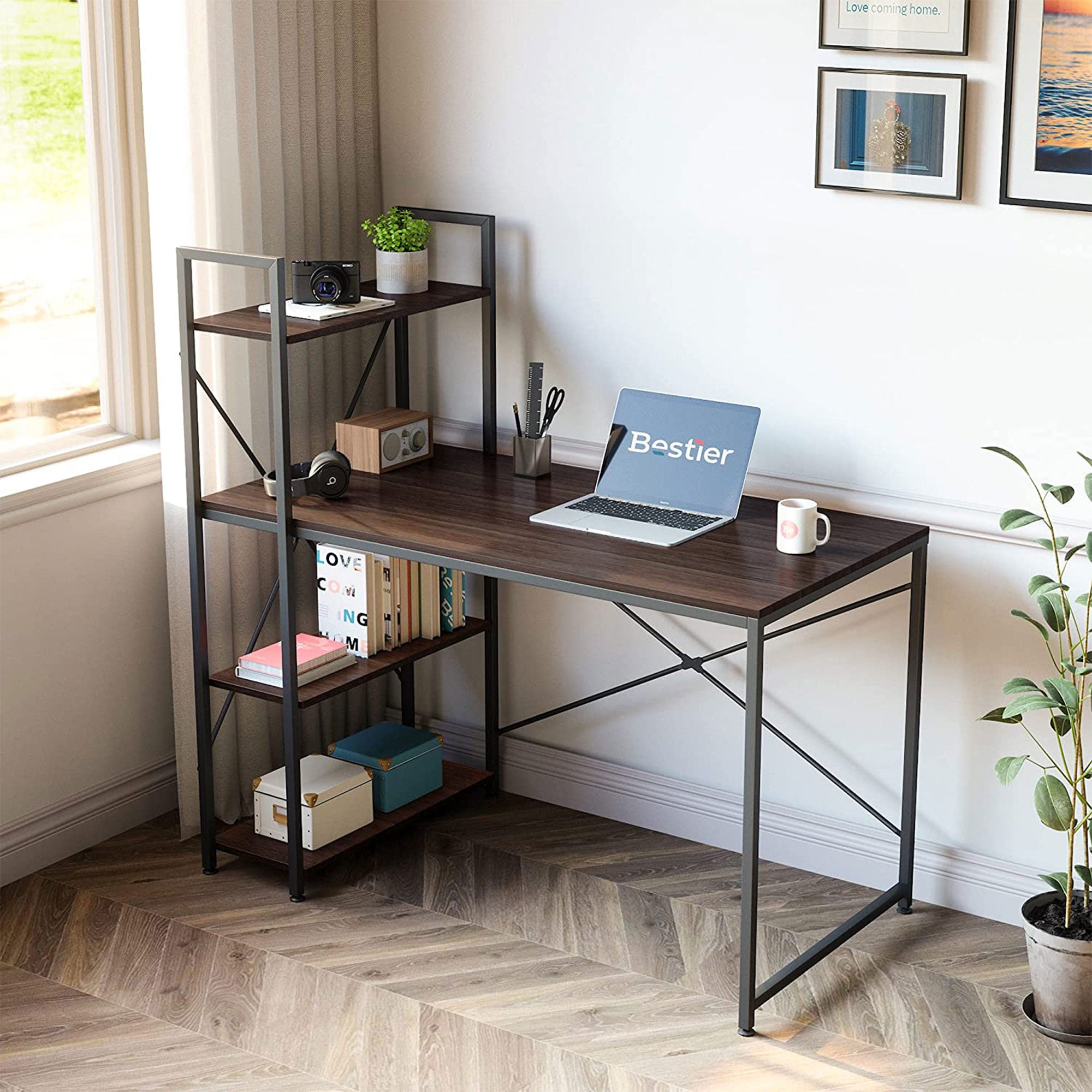 Bestier 47 Inch Computer Writing Desk w/ Storage Shelves for Small Spaces, Brown - Smart-nests