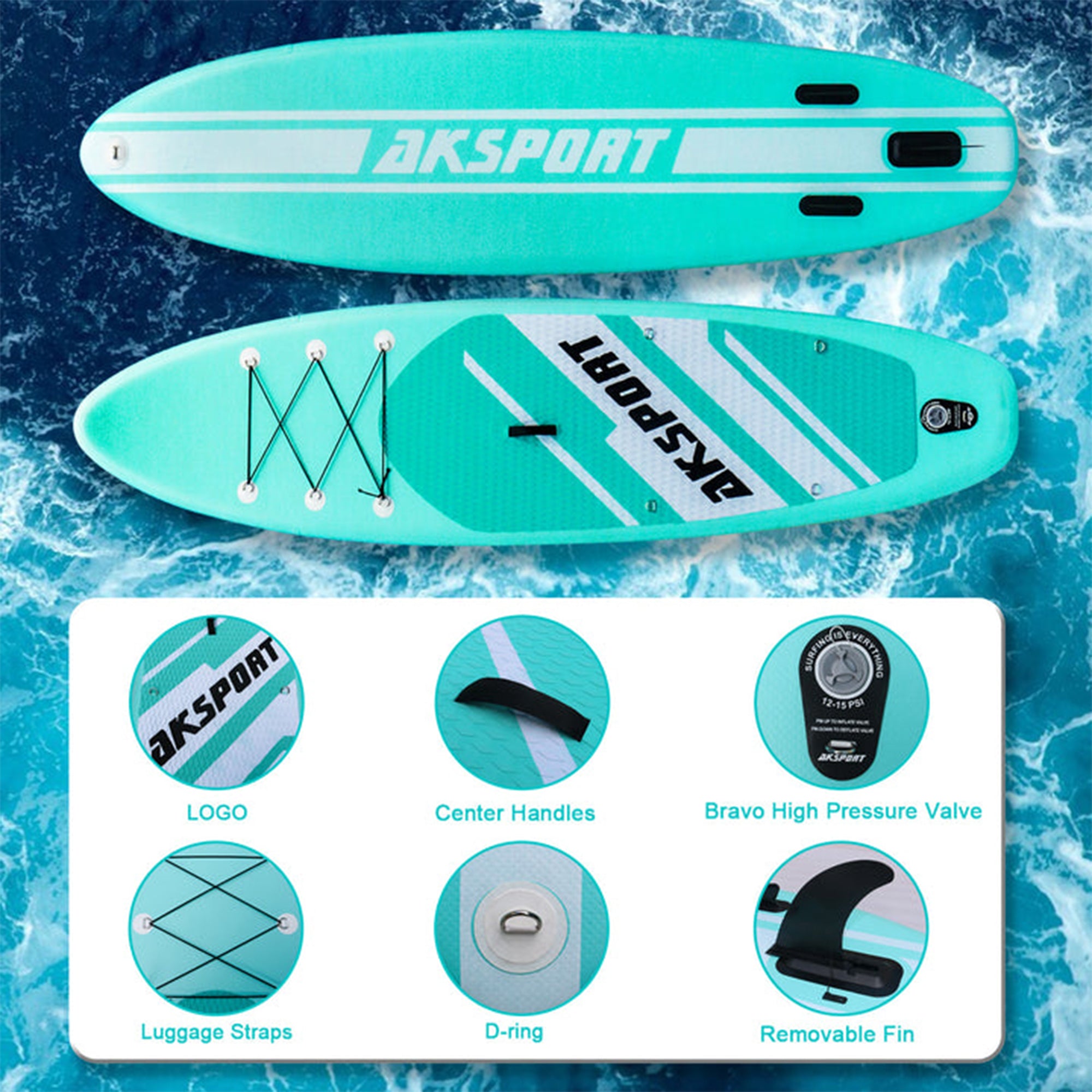 AKSPORT 10'6" Inflatable SUP All Around Stand Up Paddle Board Kit, Mint Green - Smart-nests