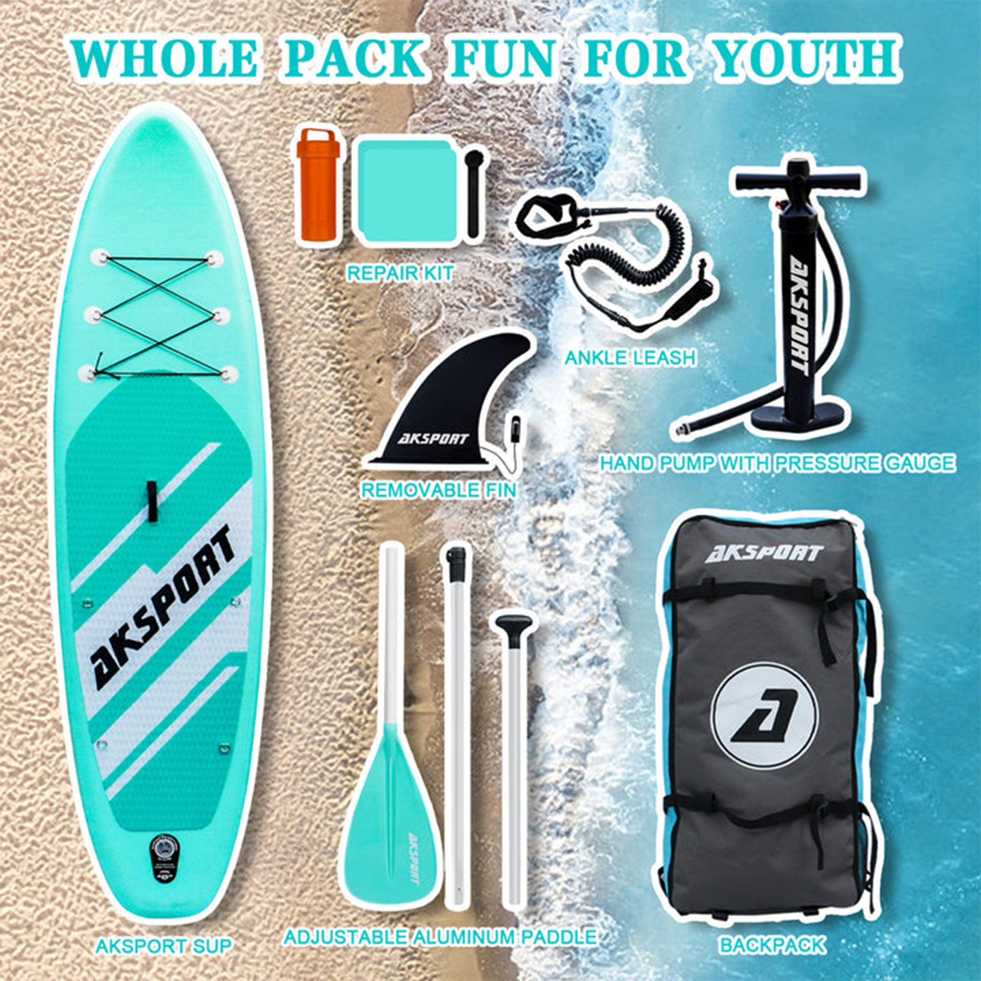 10'6" Inflatable SUP All Around Stand Up Paddle Board Kit, Mint Green (Used) - Smart-nests