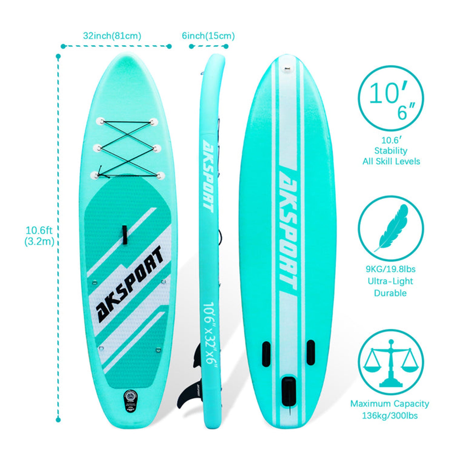 10'6" Inflatable SUP All Around Stand Up Paddle Board Kit, Mint Green (Used) - Smart-nests