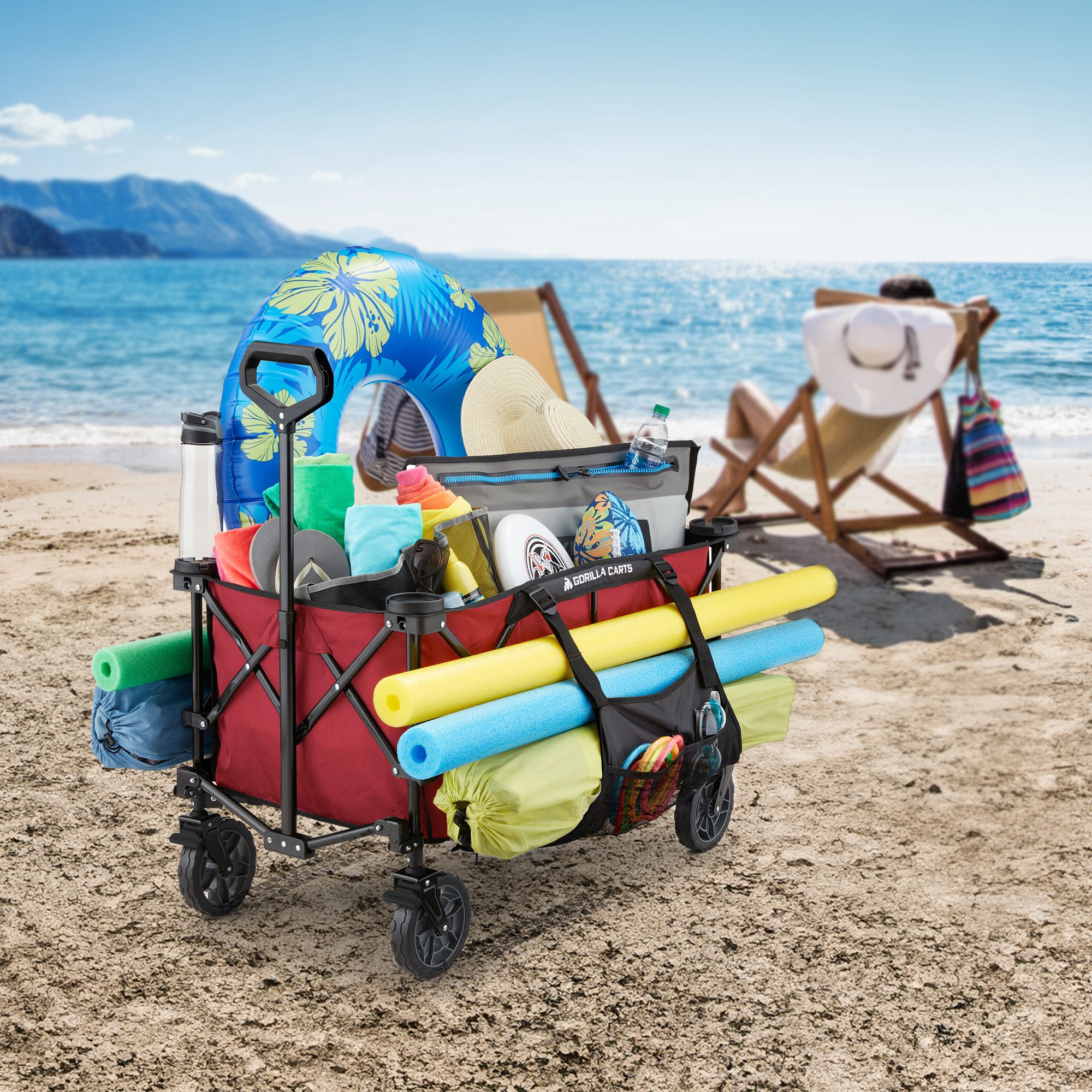 Gorilla Carts 7 Cubic Feet Foldable Utility Beach Wagon with Oversized Bed, Red - Smart-nests
