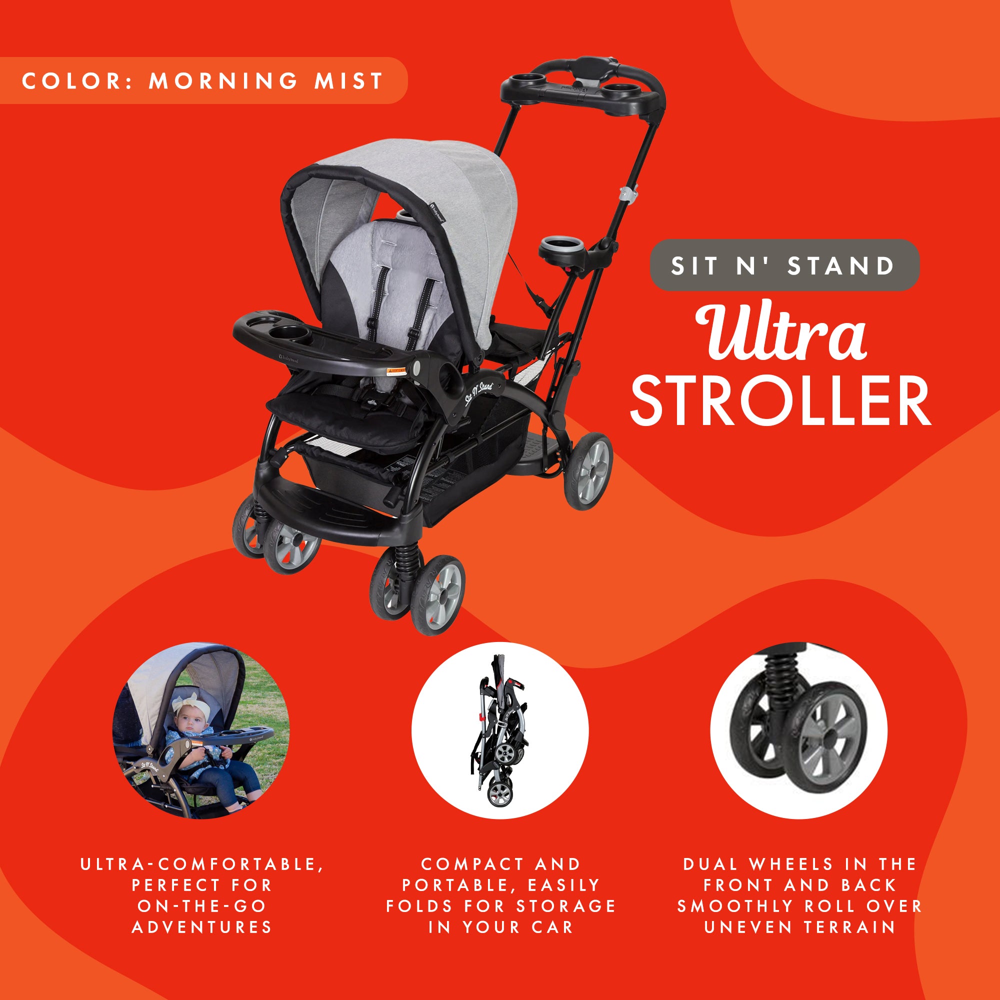 Baby Trend Sit N' Stand Foldable Front & Rear Seat Ultra Stroller, Morning Mist - Smart-nests