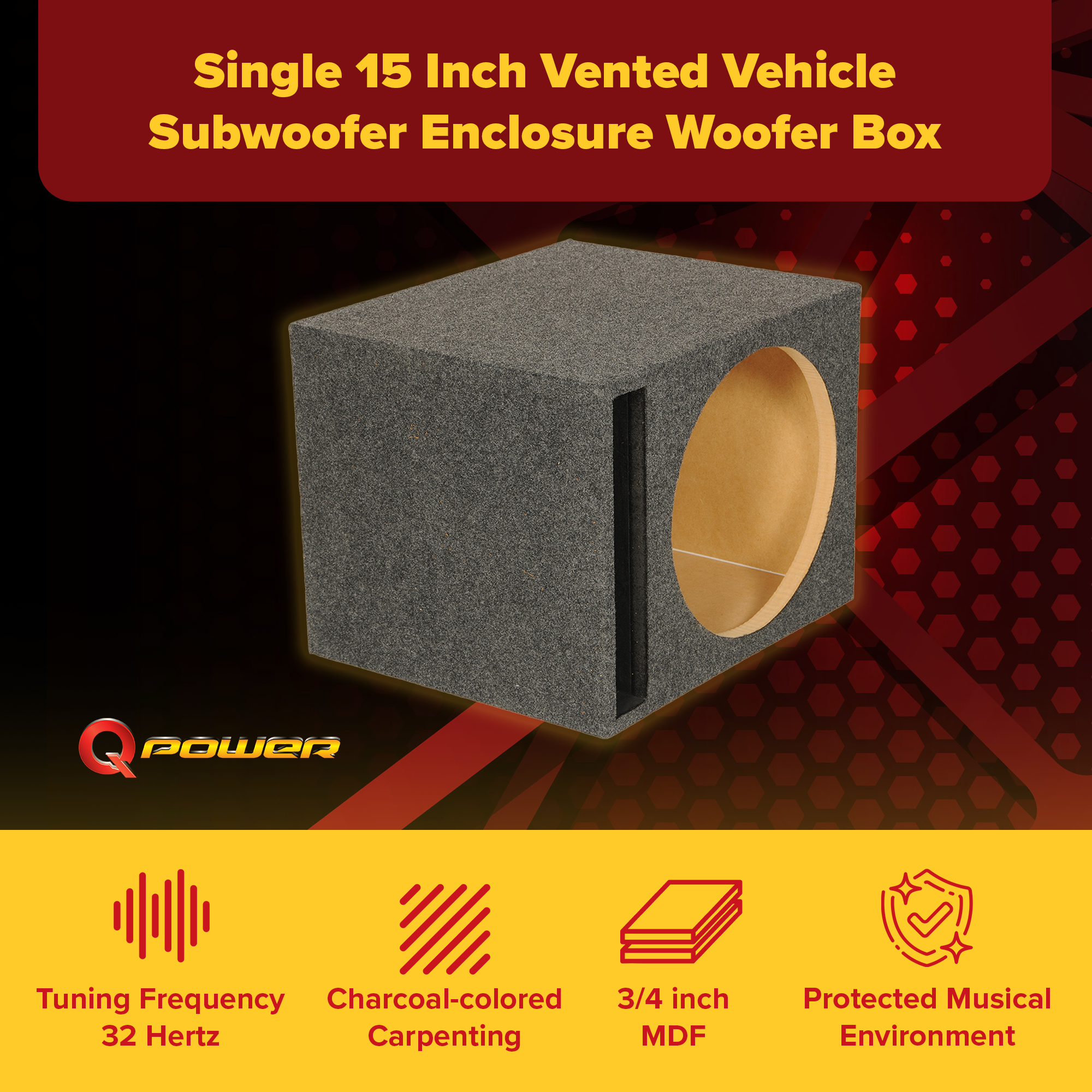 QPower 15" Heavy-Duty Single Vented Vehicle Subwoofer Enclosure Woofer Box, Gray - Smart-nests