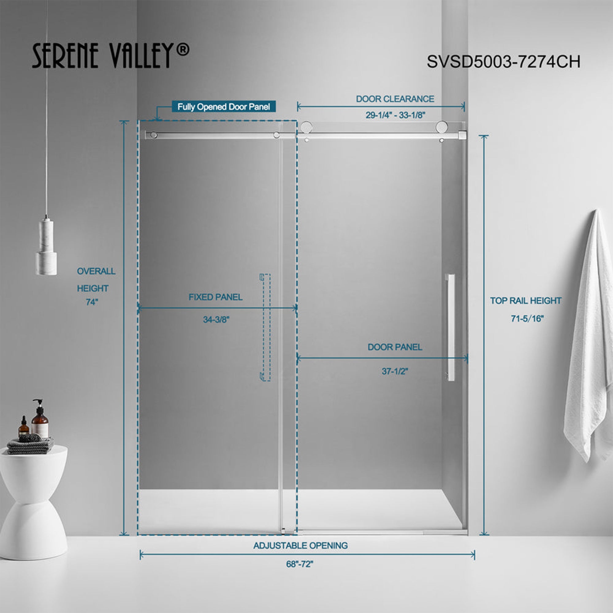 Serene Valley 72 x 74 Inch Square Rail Frameless Sliding Shower Door, Chrome - Smart-nests