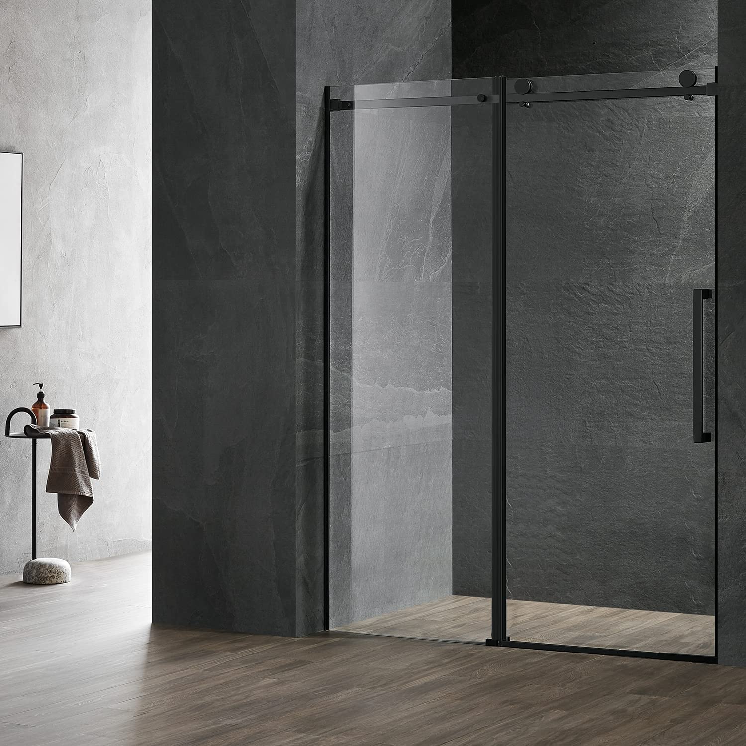 Serene Valley 48 x 74 Inch Square Rail Frameless Sliding Shower Door, Black - Smart-nests