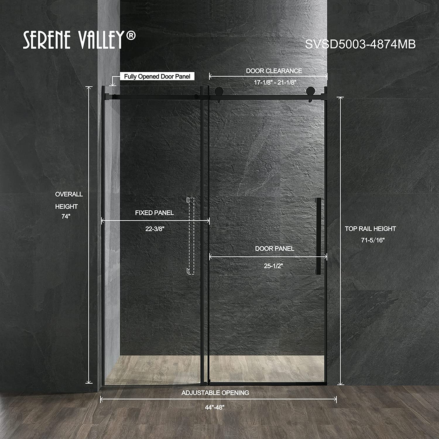 Serene Valley 48 x 74 Inch Square Rail Frameless Sliding Shower Door, Black - Smart-nests