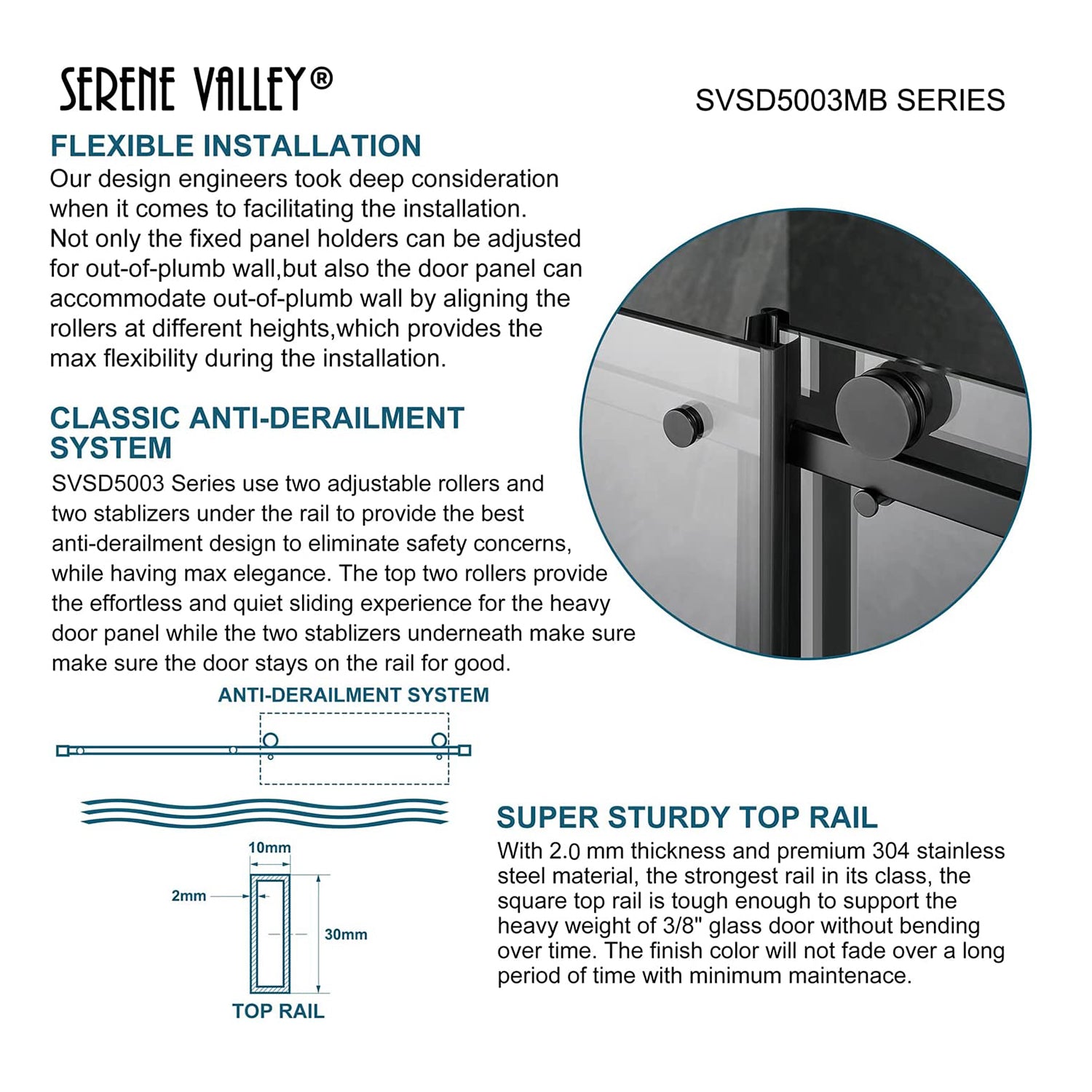 Serene Valley 48 x 74 Inch Square Rail Frameless Sliding Shower Door, Black - Smart-nests