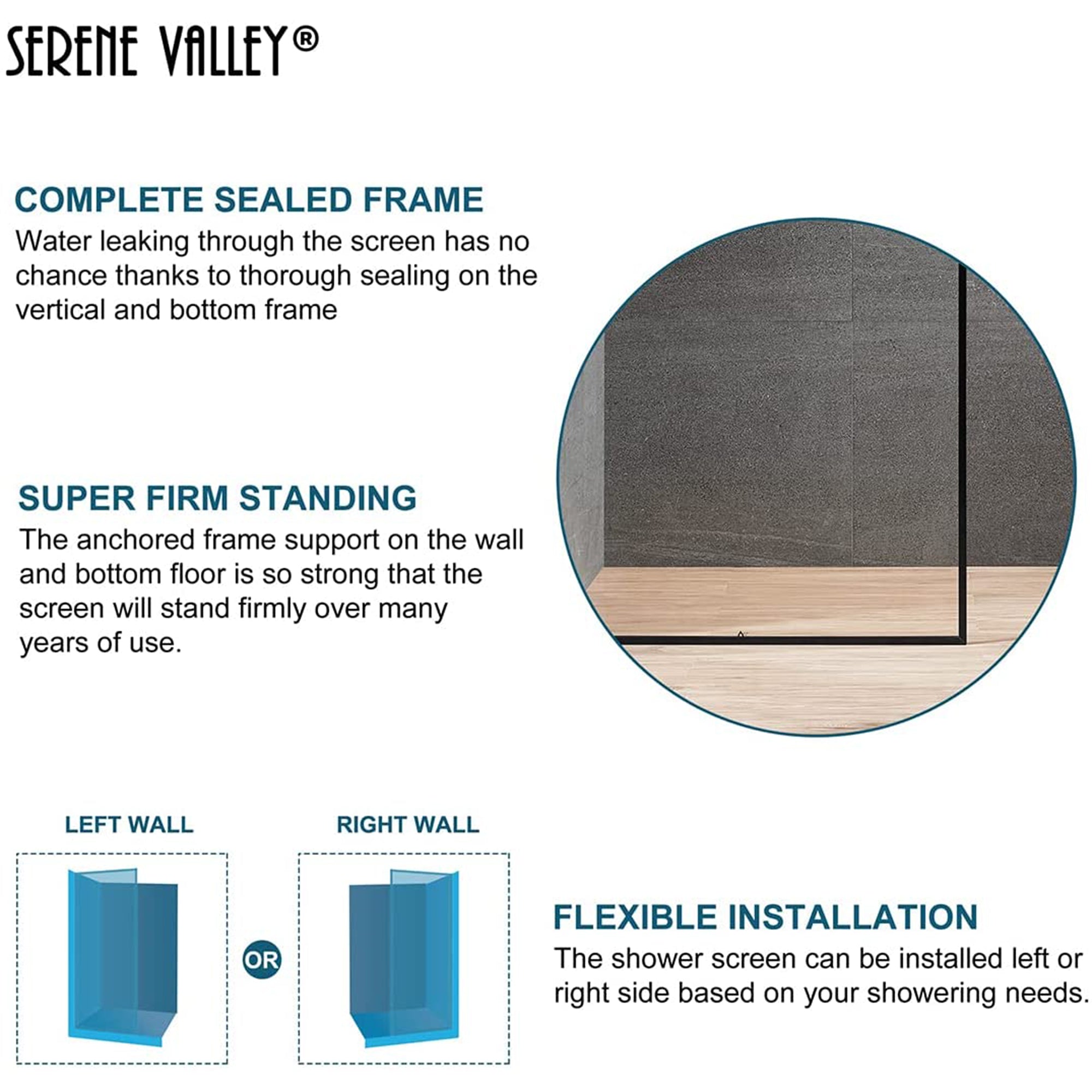 Serene Valley 34 x 72 Inch Tempered Glass Stand Alone Shower Screen, Matte Black - Smart-nests