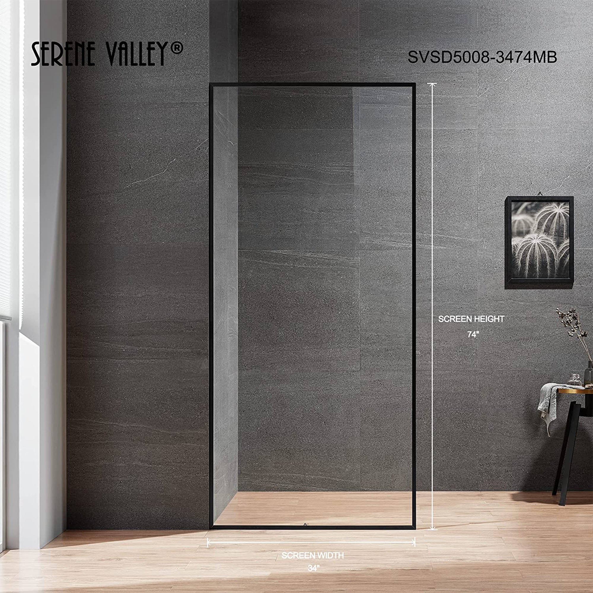 Serene Valley 34 x 72 Inch Tempered Glass Stand Alone Shower Screen, Matte Black - Smart-nests