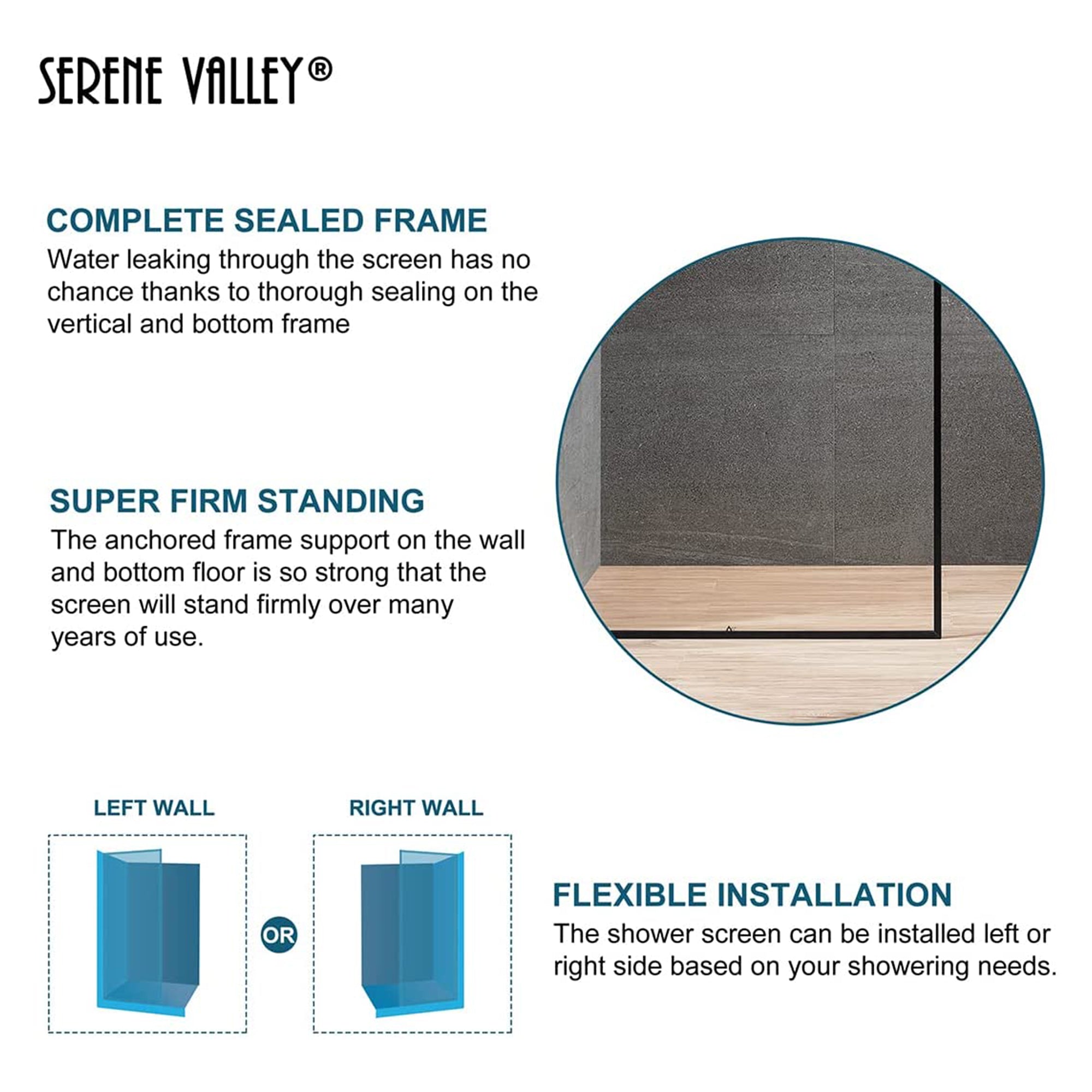 Serene Valley 34 x 72 Inch Tempered Glass Stand Alone Shower Screen, Matte Black - Smart-nests