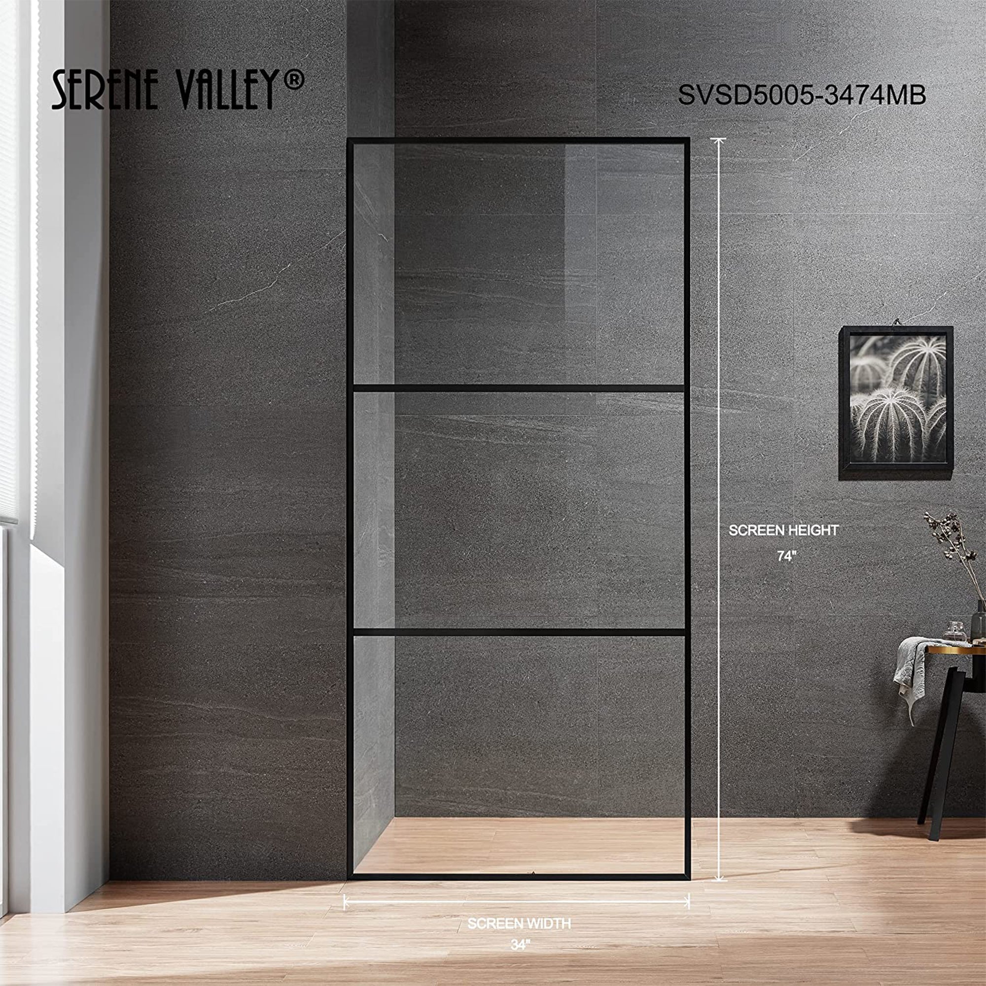 Serene Valley 34 x 72 Inch Tempered Glass Stand Alone Shower Screen, Matte Black - Smart-nests