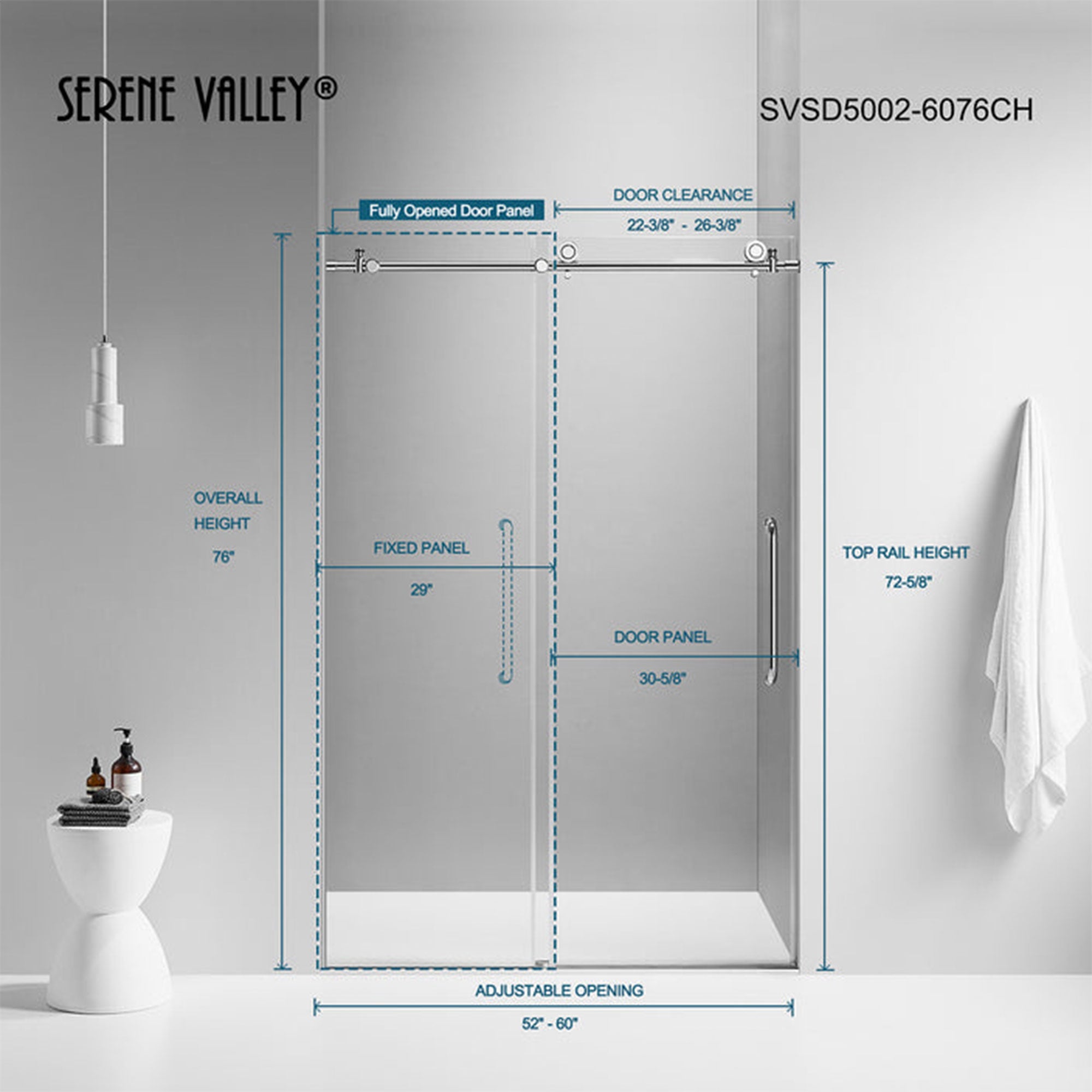 Serene Valley 60 x 66 Inch Square Rail Frameless Sliding Shower Door, Chrome - Smart-nests