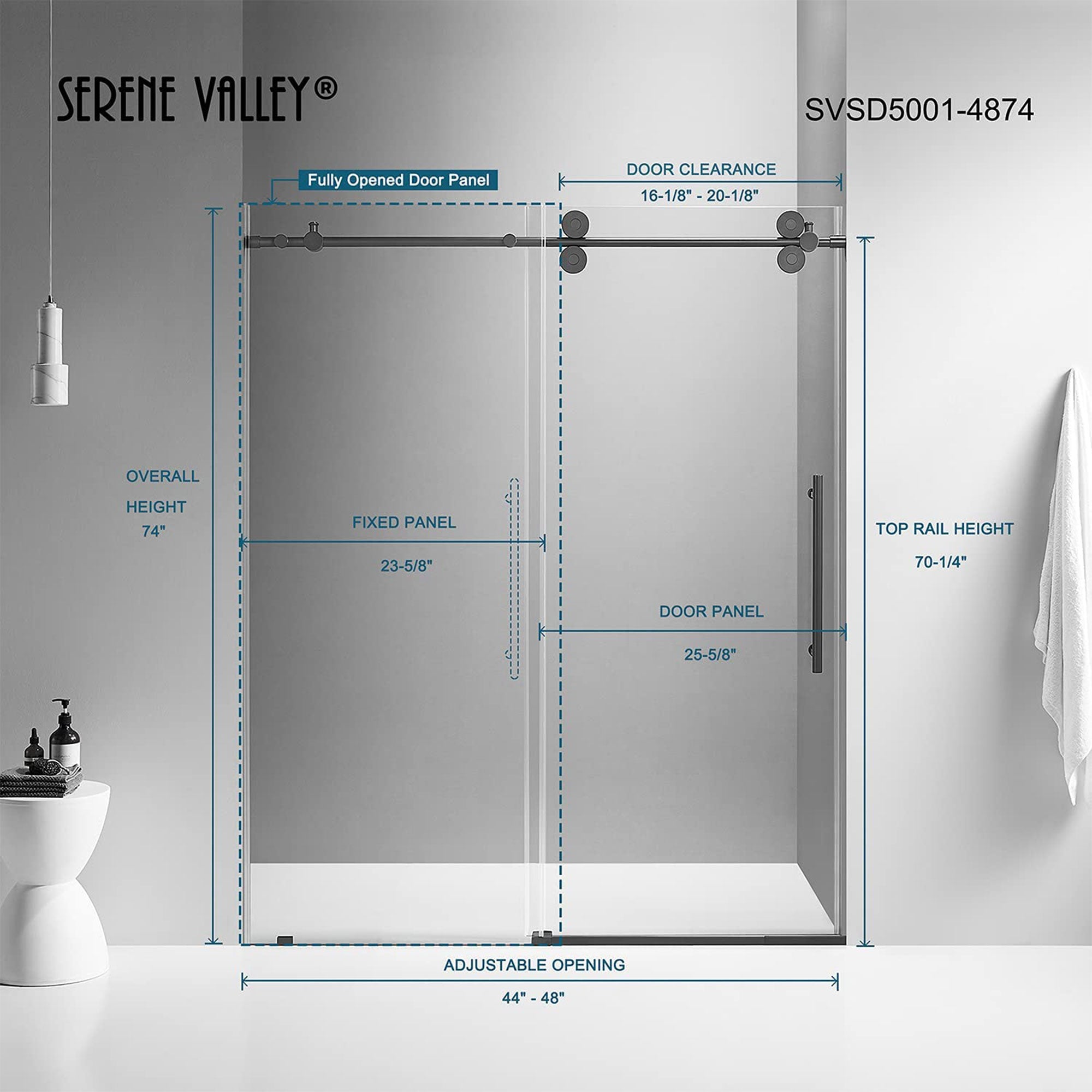 Serene Valley 56 x 74 Inch Big Roller Frameless Sliding Shower Door, Matte Black - Smart-nests