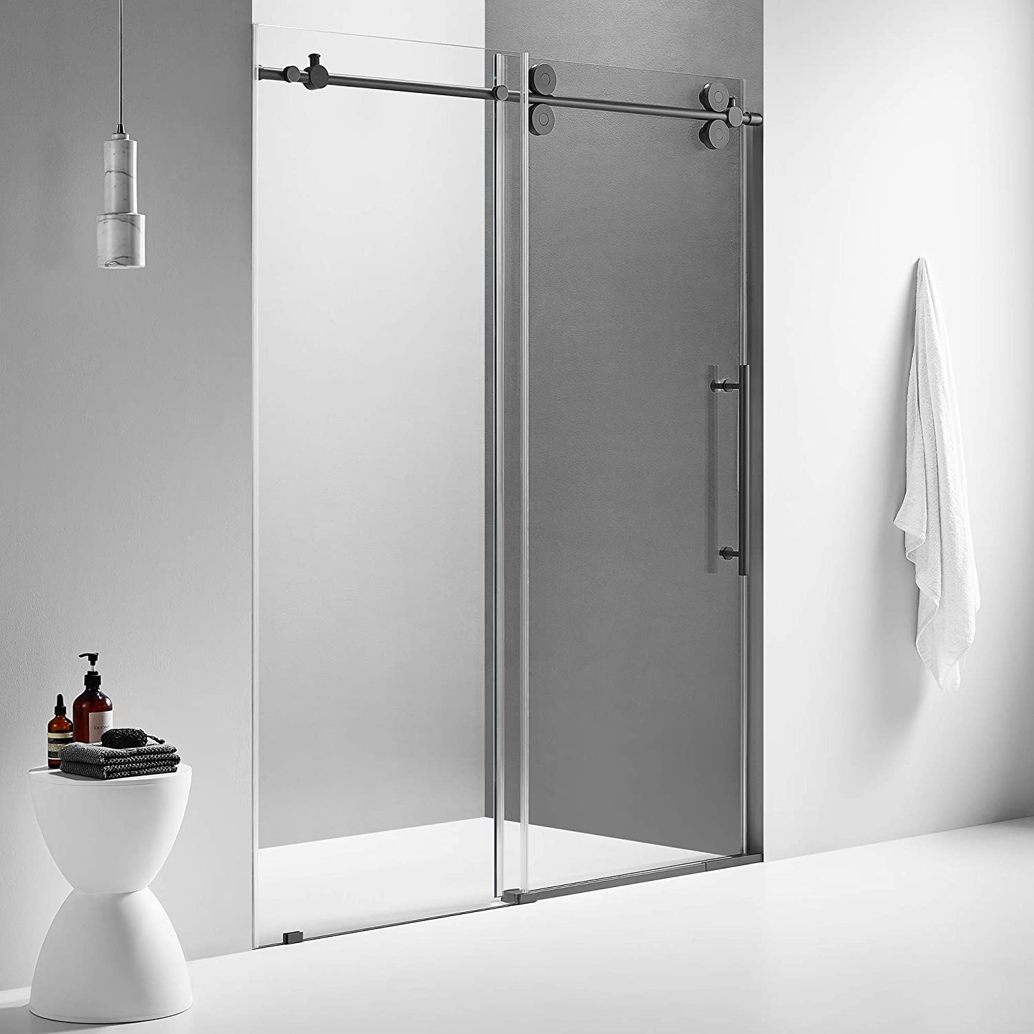 Serene Valley 60 x 74 Inch Big Roller Frameless Sliding Shower Door, Matte Black - Smart-nests