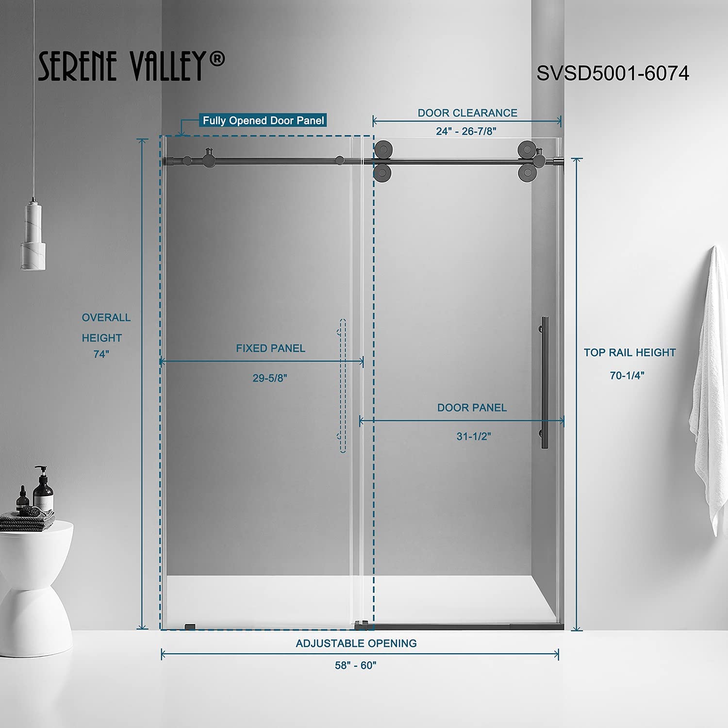 Serene Valley 60 x 74 Inch Big Roller Frameless Sliding Shower Door, Matte Black - Smart-nests