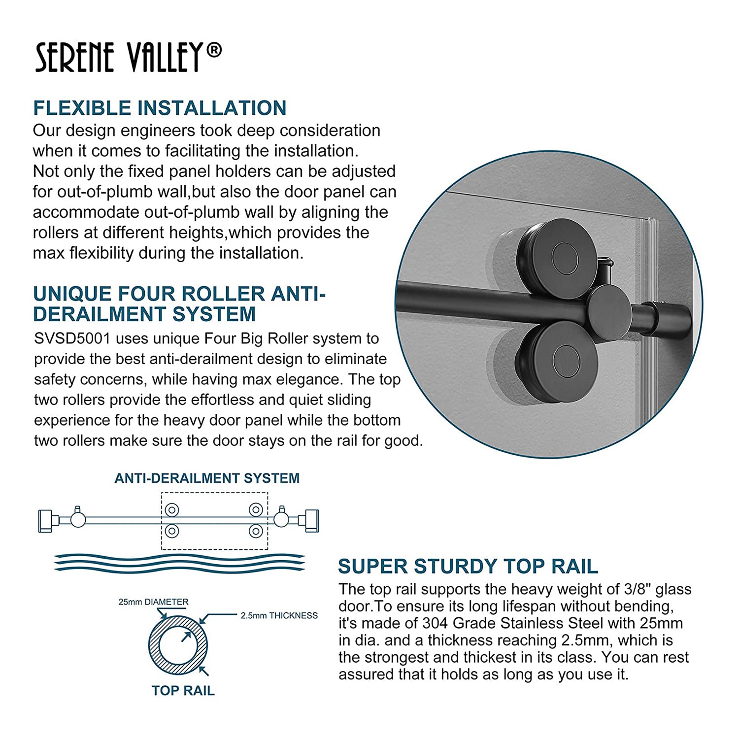 Serene Valley 60 x 74 Inch Big Roller Frameless Sliding Shower Door, Matte Black - Smart-nests