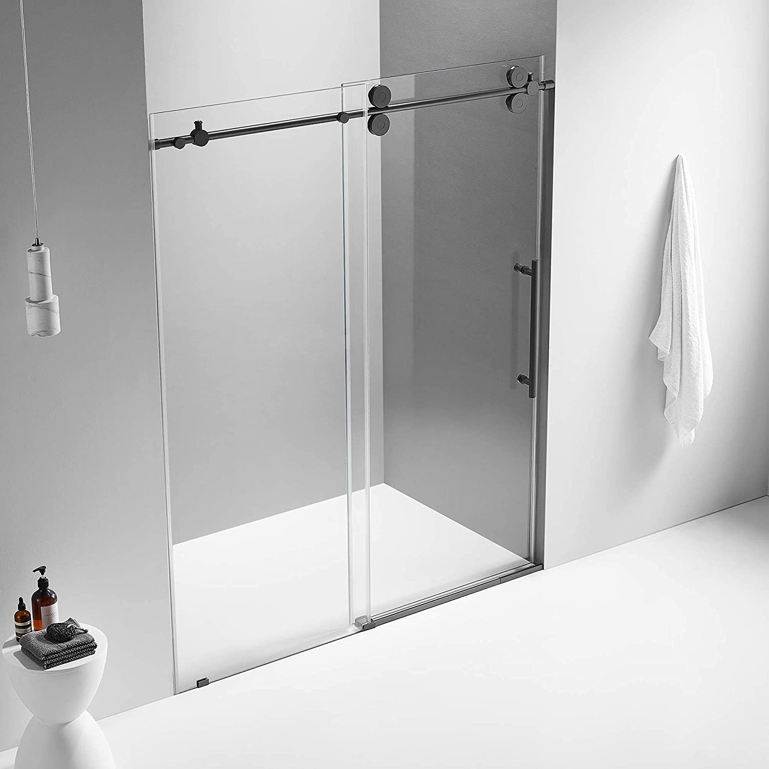 Serene Valley 60 x 74 Inch Big Roller Frameless Sliding Shower Door, Matte Black - Smart-nests