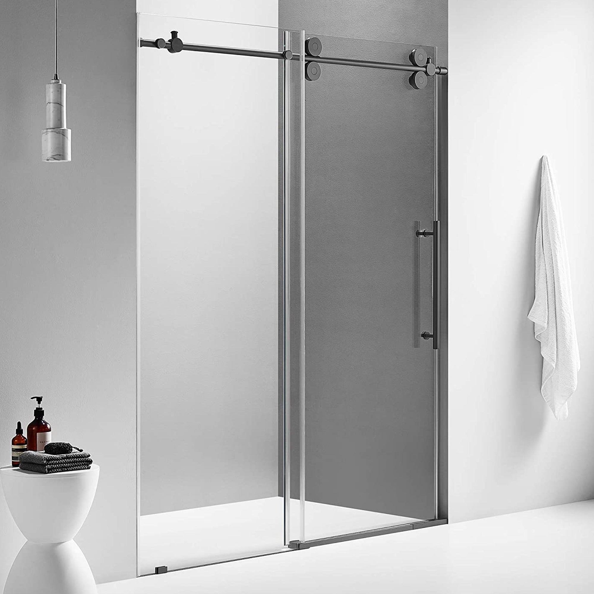 Serene Valley 52 x 74 Inch Big Roller Frameless Sliding Shower Door, Matte Black - Smart-nests