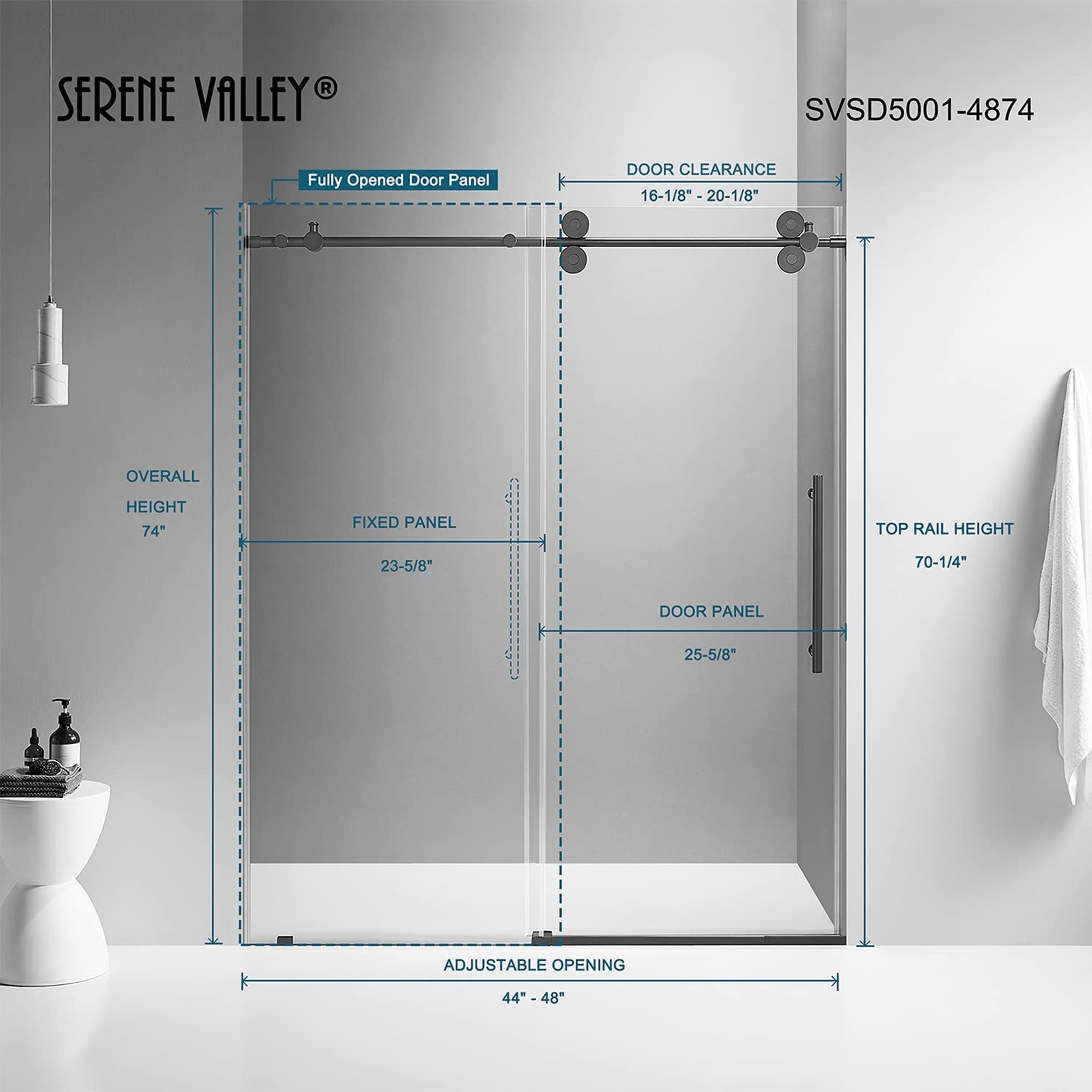 Serene Valley 52 x 74 Inch Big Roller Frameless Sliding Shower Door, Matte Black - Smart-nests