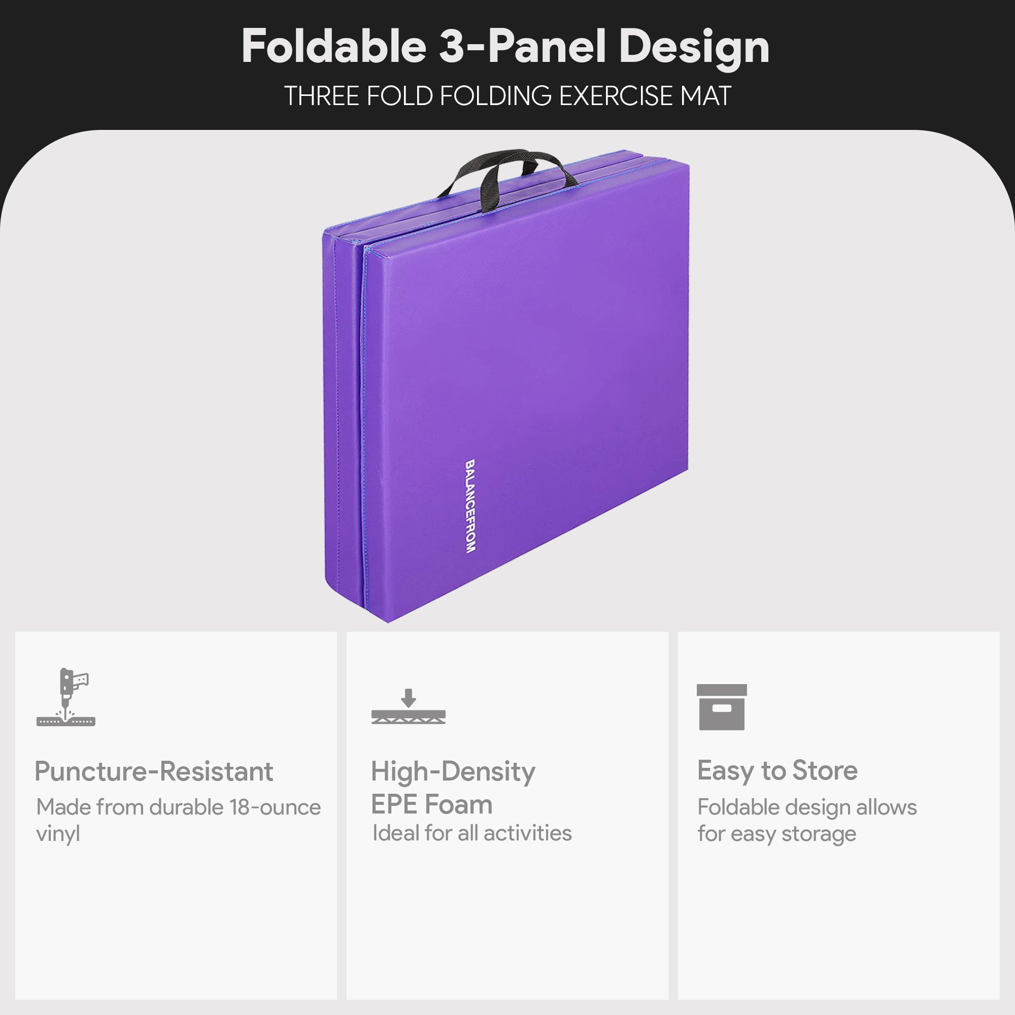 BalanceFrom Fitness GoGym 6x2ft Folding 3 Panel Exercise Mat w/Handles, Purple - Smart-nests