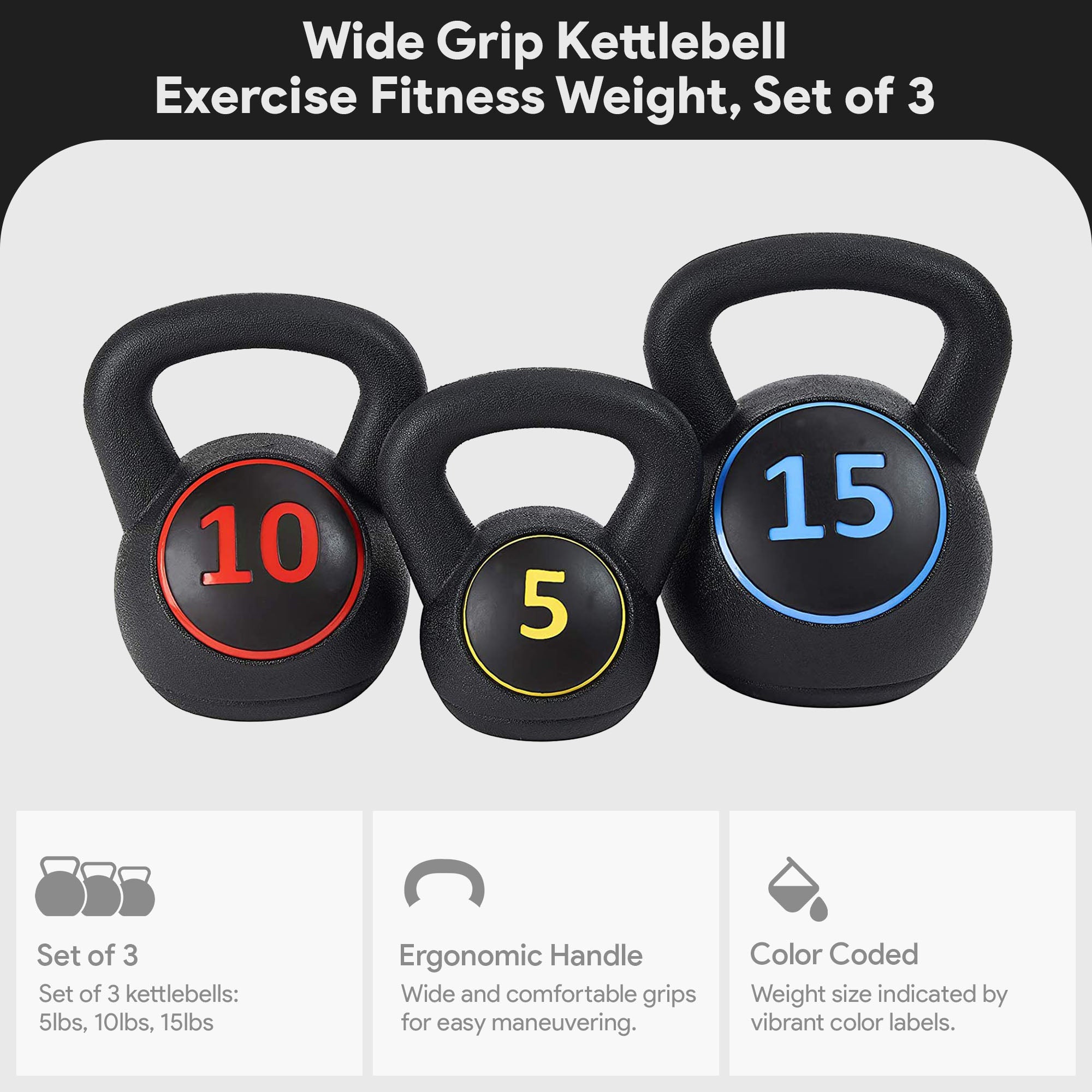 BalanceFrom Wide Grip Kettlebell Fitness Exercise Weights, 5, 10, and 15 Pounds - Smart-nests