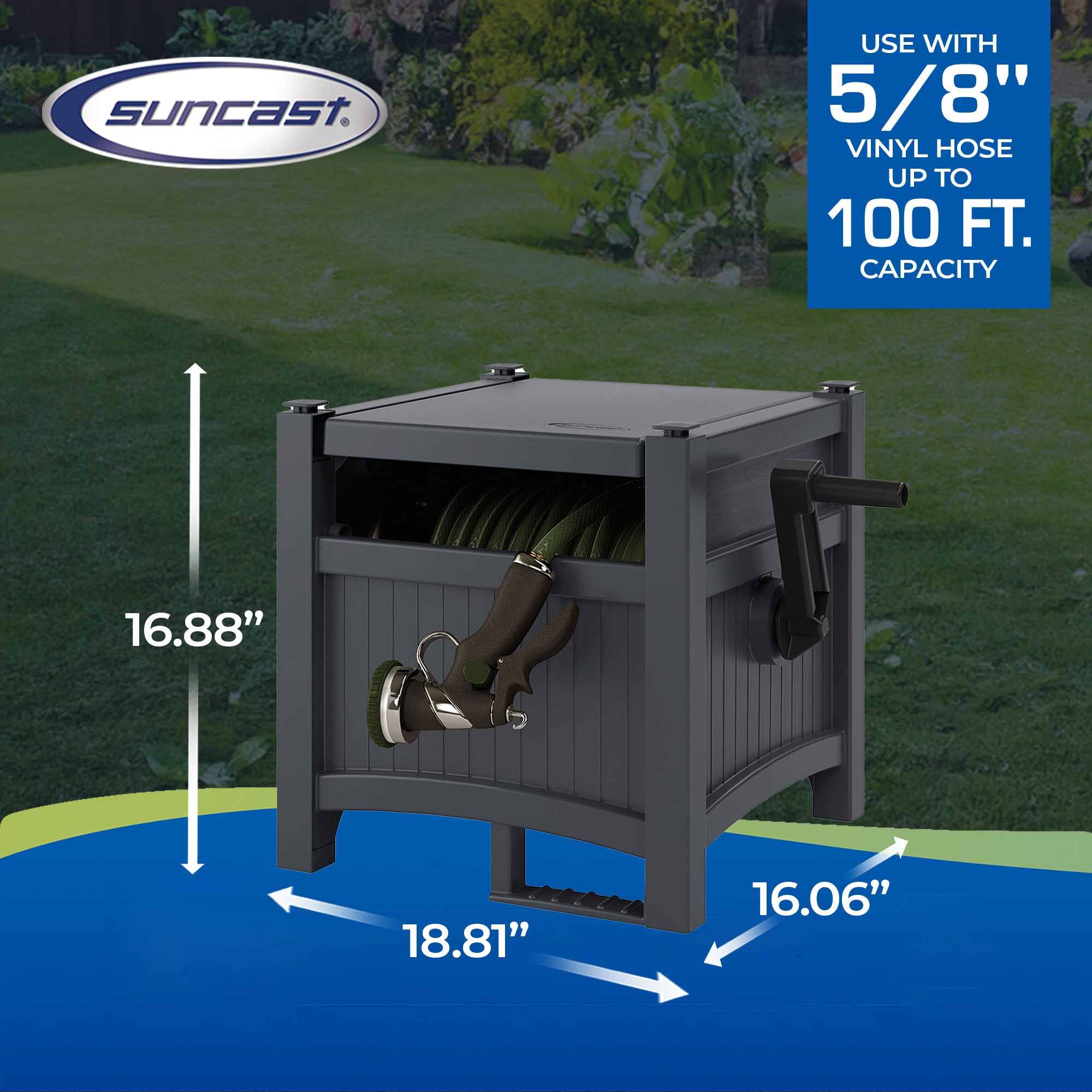 Suncast Hideaway 100' Resin Garden Hose Reel for 5/8" Hoses, Cyberspace - Smart-nests