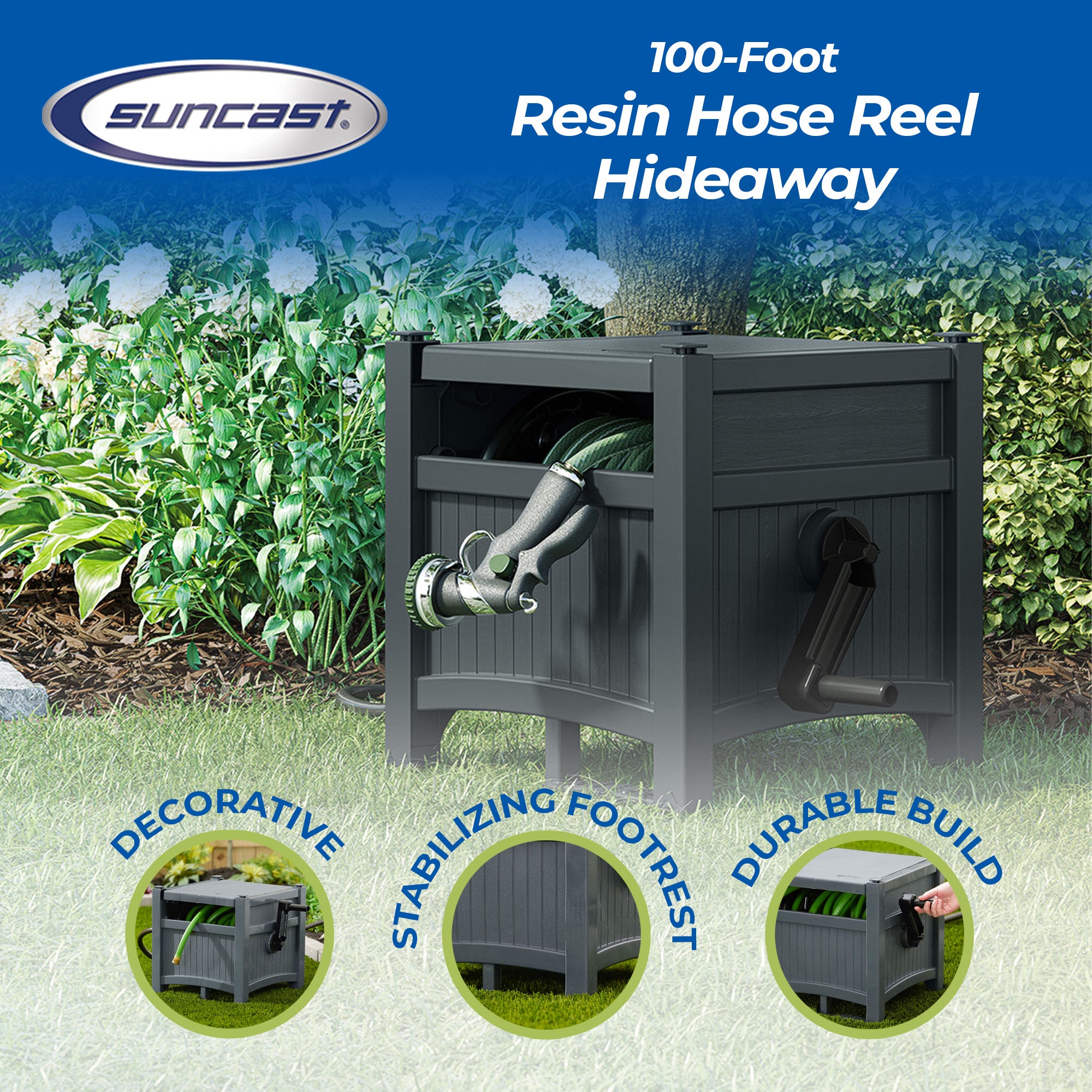 Suncast Hideaway 100' Resin Garden Hose Reel for 5/8" Hoses, Cyberspace - Smart-nests