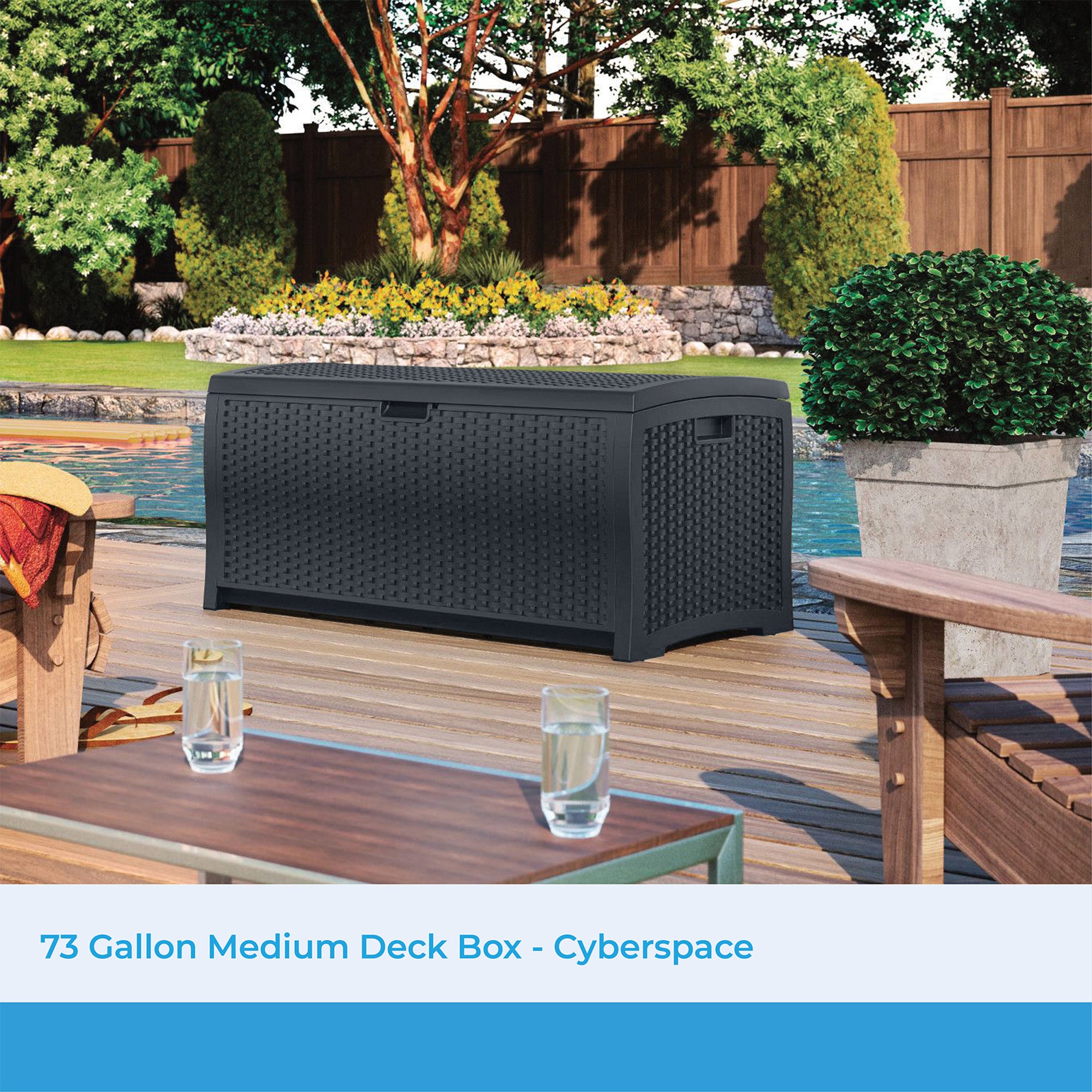 Suncast 73 Gallon Resin Wicker Outdoor Patio Storage Deck Box, Cyberspace - Smart-nests