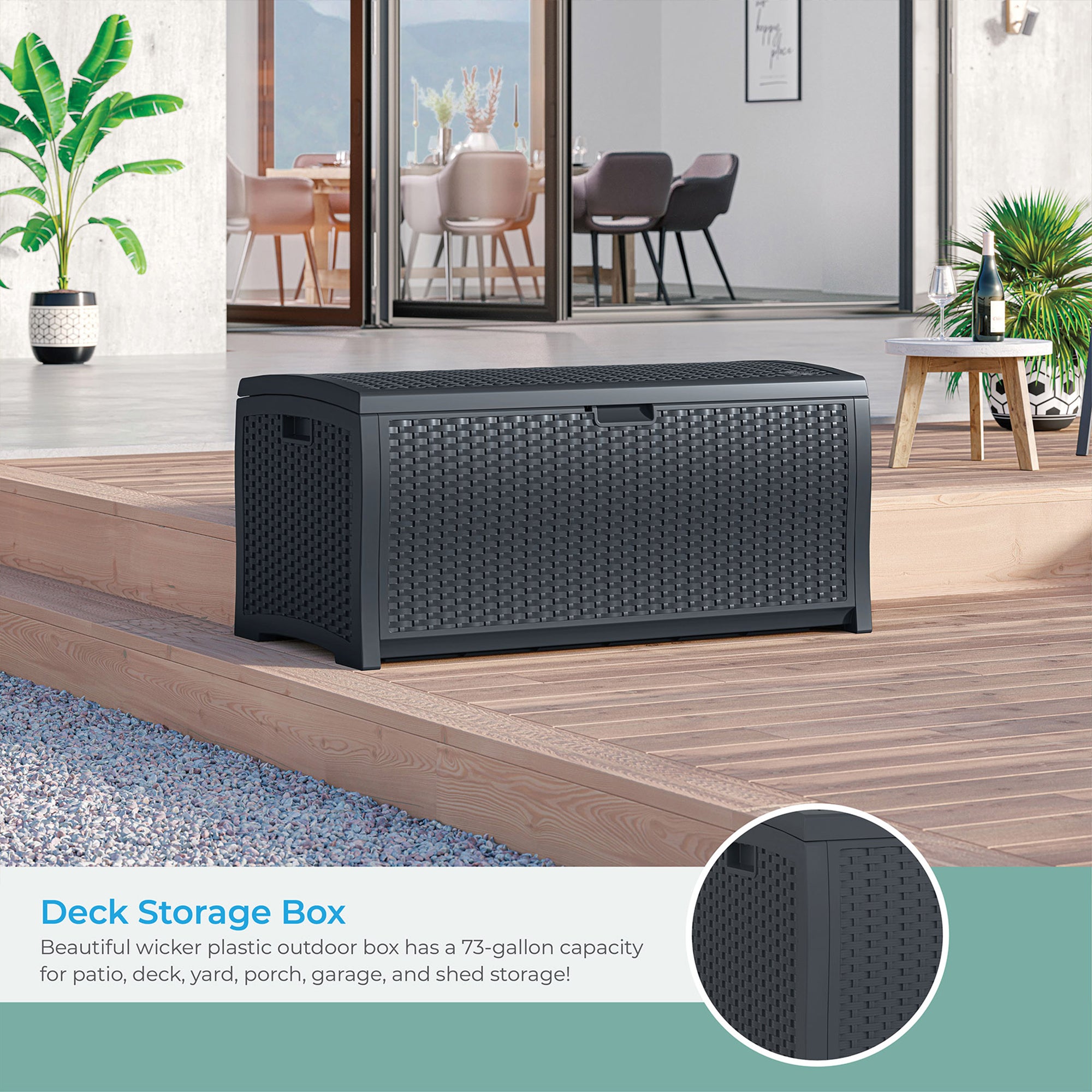 Suncast 73 Gallon Resin Wicker Outdoor Patio Storage Deck Box, Cyberspace - Smart-nests