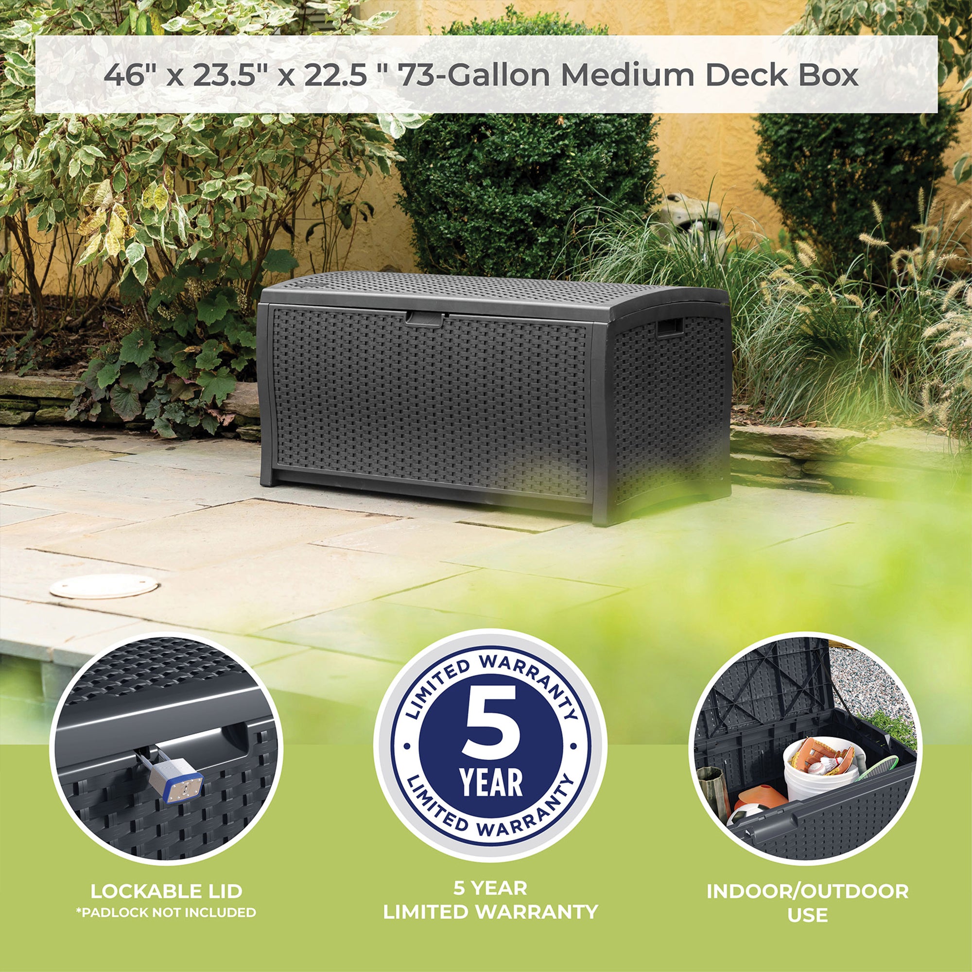 Suncast 73 Gallon Resin Wicker Outdoor Patio Storage Deck Box, Cyberspace - Smart-nests