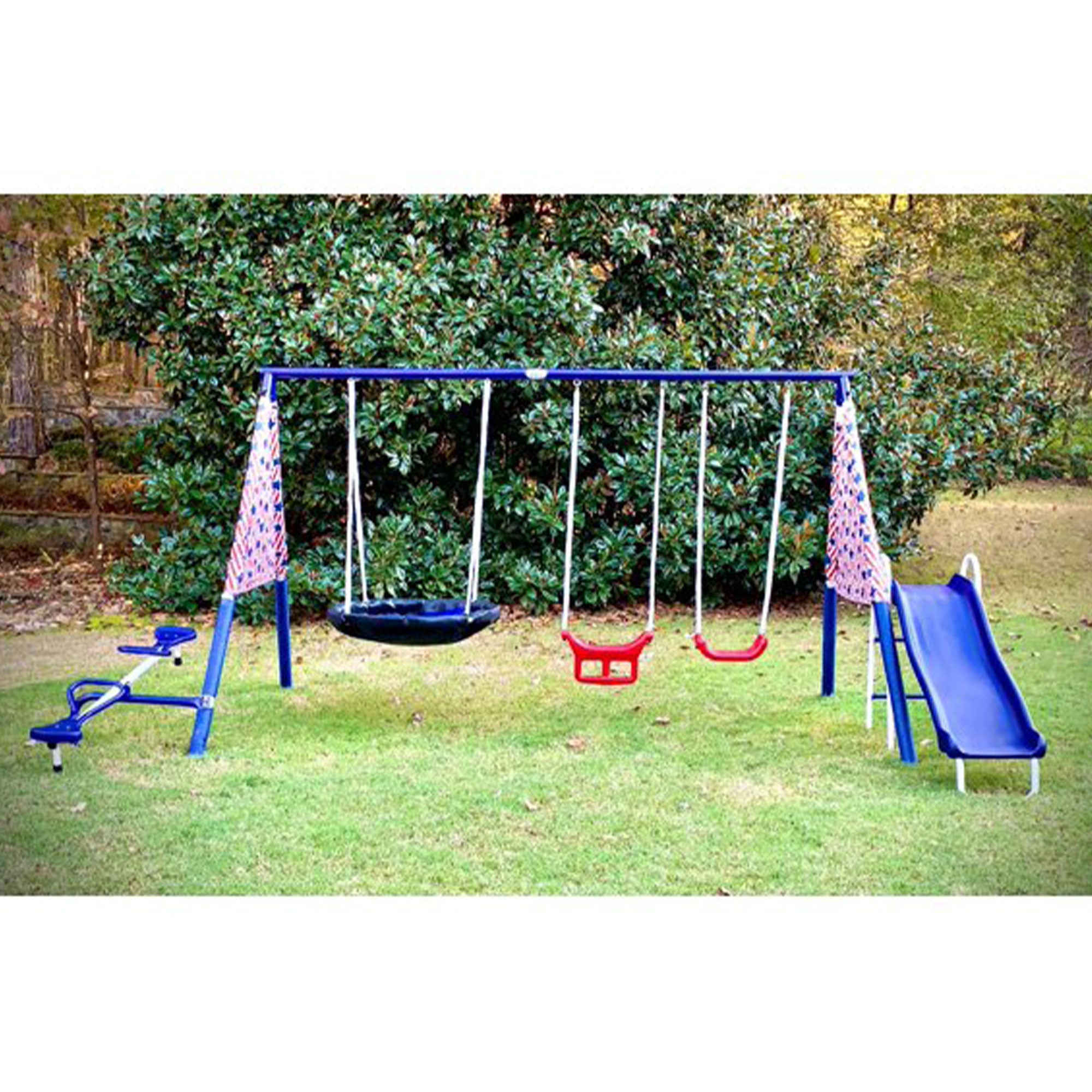 XDP Recreation Freedom Fun Play Swing Set w/See Saw, Super Disc, Swings, & Slide - Smart-nests