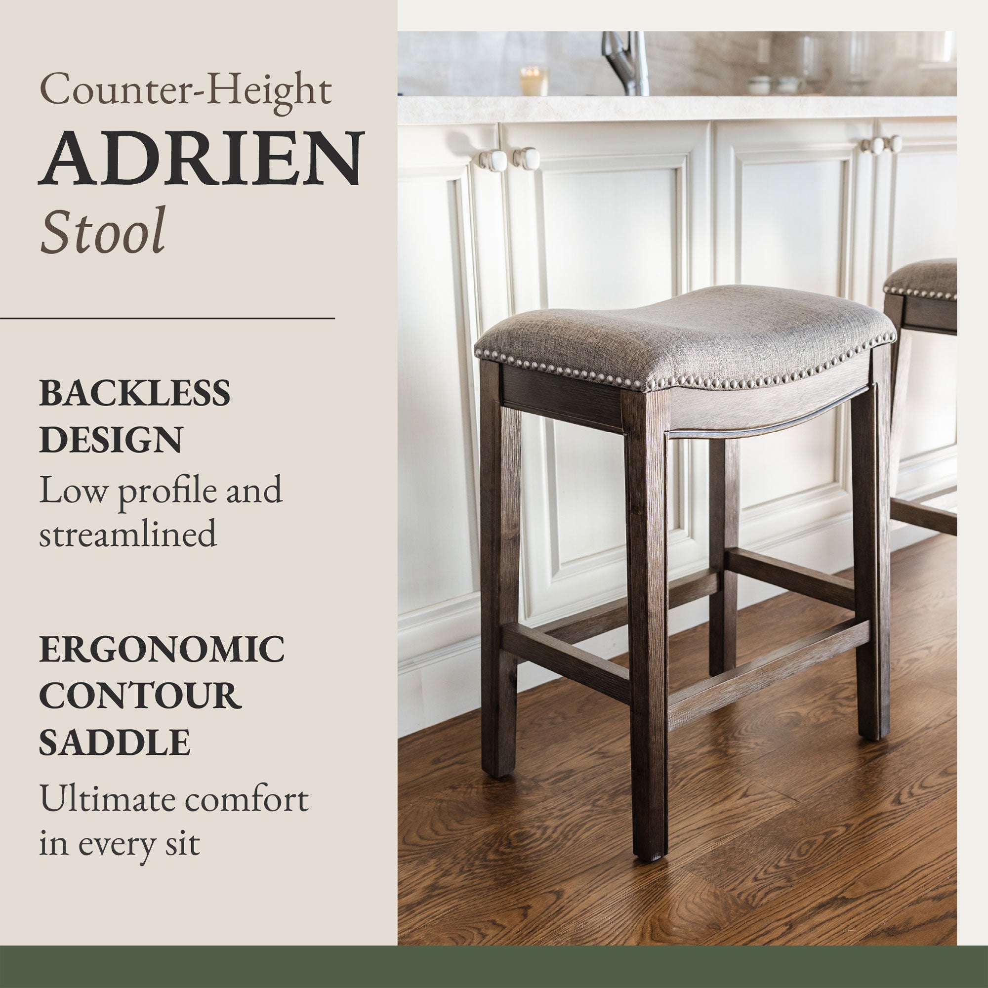 Maven Lane Adrien Backless Saddle Kitchen Counter Stool in Walnut Finish w/ Grey Fabric Upholstery - Smart-nests