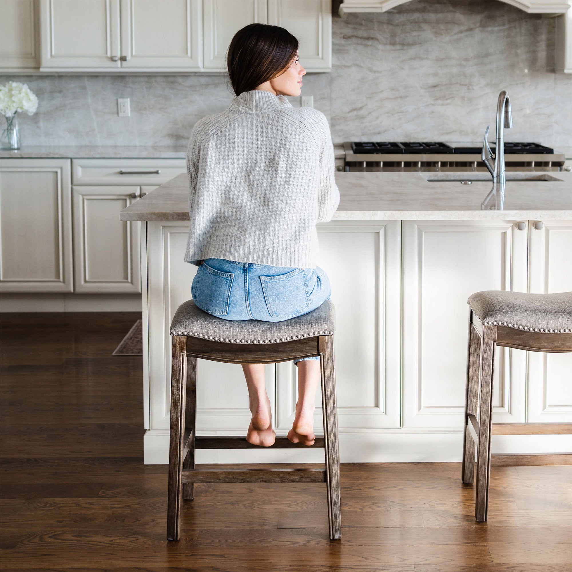 Maven Lane Adrien Backless Saddle Kitchen Counter Stool in Walnut Finish w/ Grey Fabric Upholstery - Smart-nests