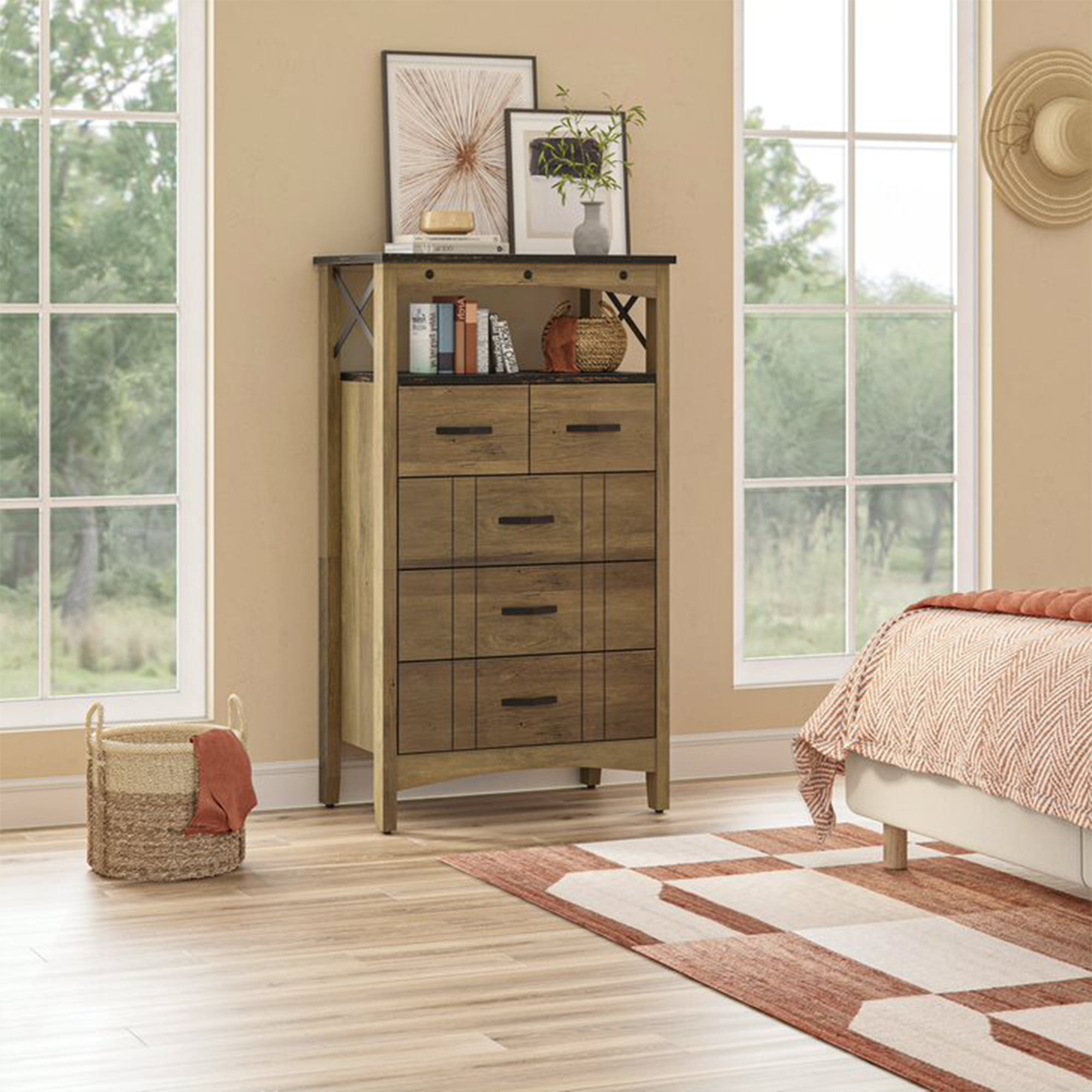 Bestier Hallway & Living Room Storage Cabinet w/ 2 Shelves and 5 Drawers, Brown - Smart-nests