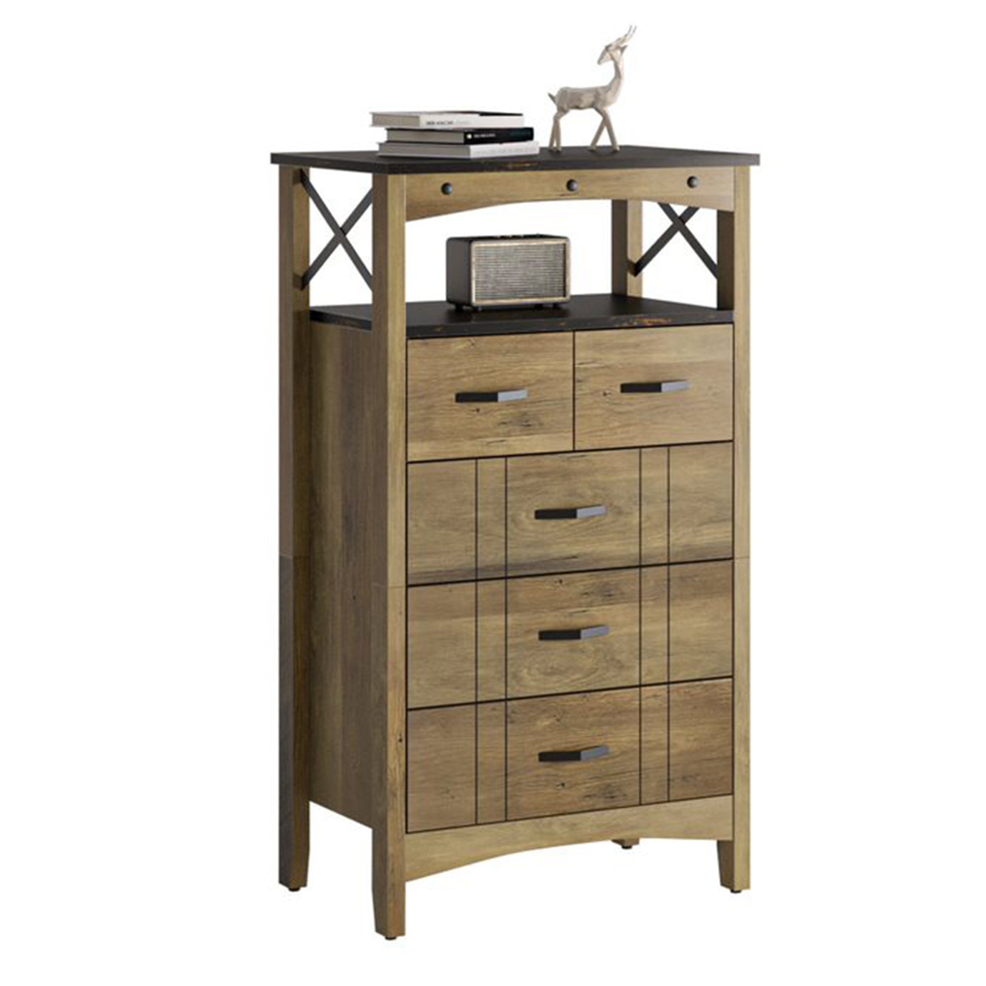 Bestier Hallway & Living Room Storage Cabinet w/ 2 Shelves and 5 Drawers, Brown - Smart-nests