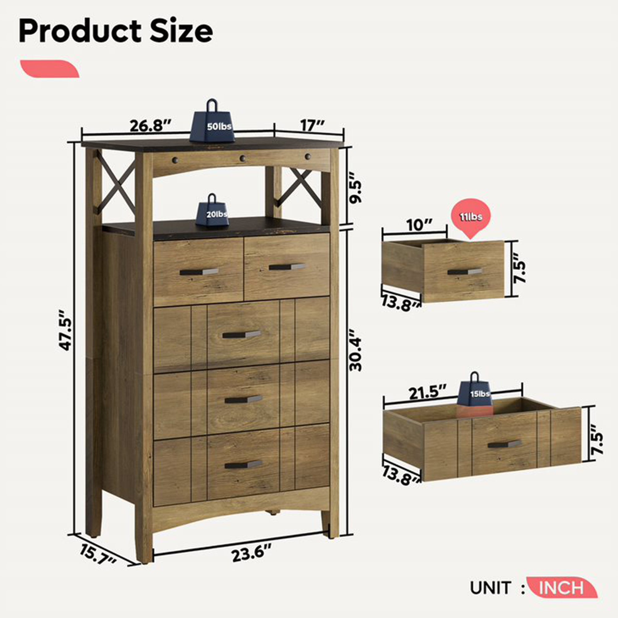 Bestier Hallway & Living Room Storage Cabinet w/ 2 Shelves and 5 Drawers, Brown - Smart-nests