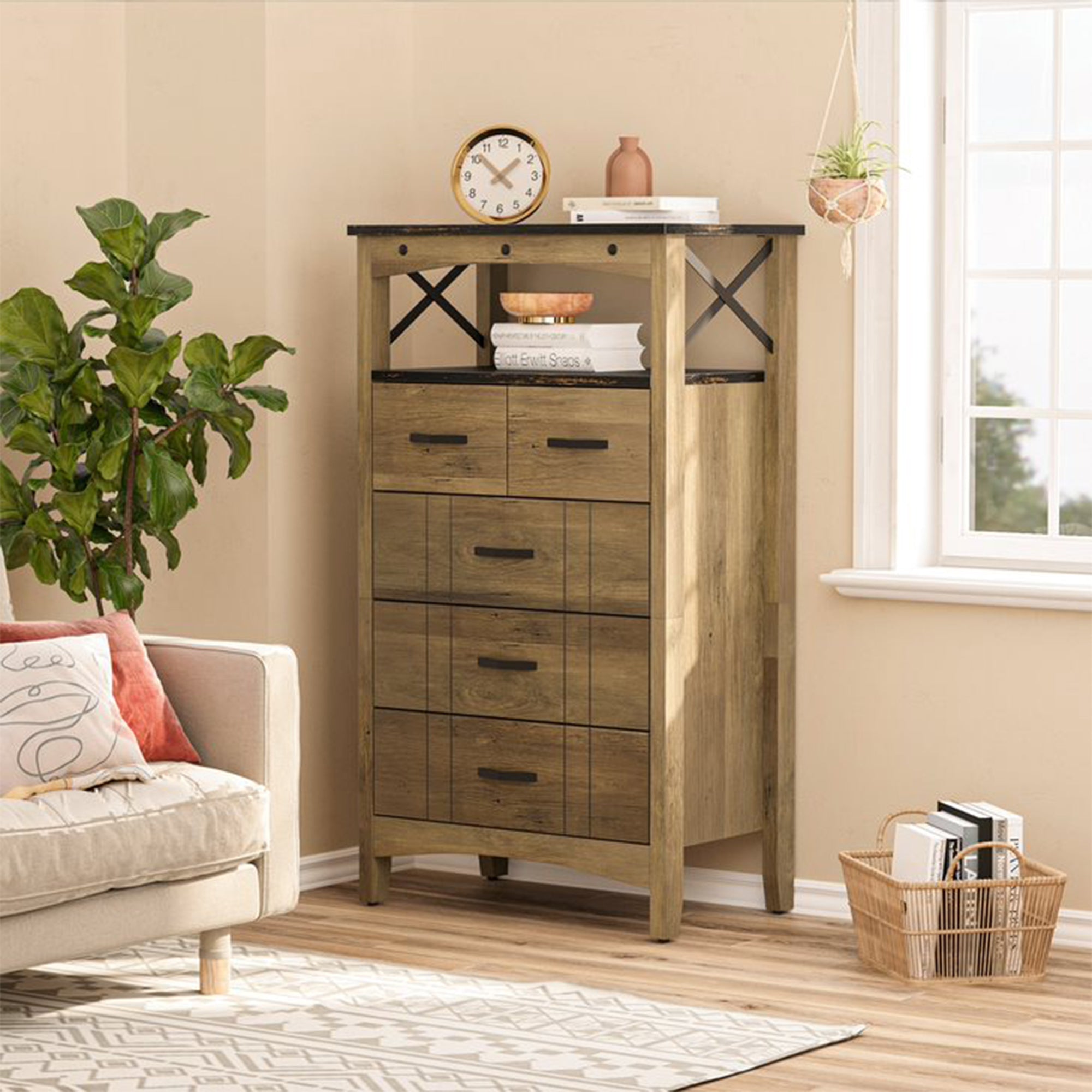 Bestier Hallway & Living Room Storage Cabinet w/ 2 Shelves and 5 Drawers, Brown - Smart-nests
