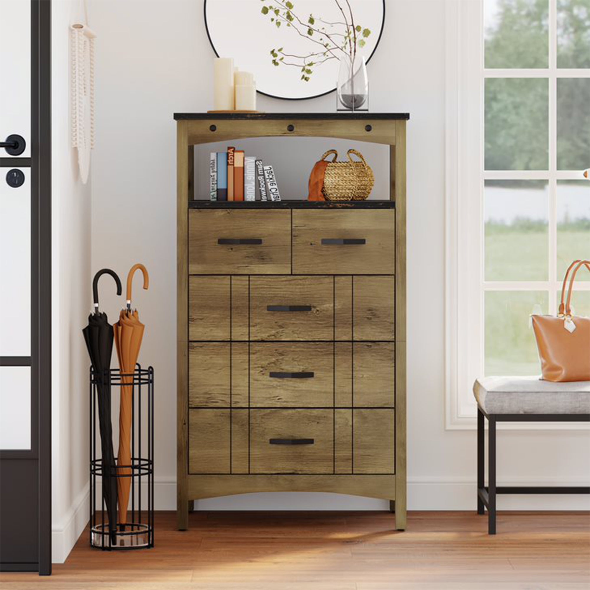 Bestier Hallway & Living Room Storage Cabinet w/ 2 Shelves and 5 Drawers, Brown - Smart-nests