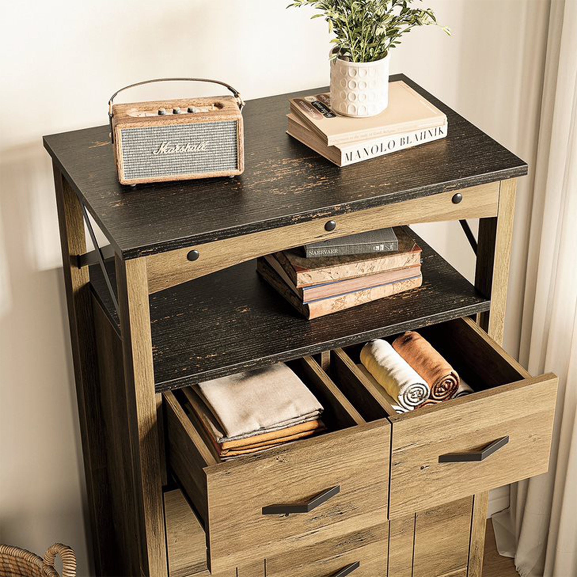 Bestier Hallway & Living Room Storage Cabinet w/ 2 Shelves and 5 Drawers, Brown - Smart-nests