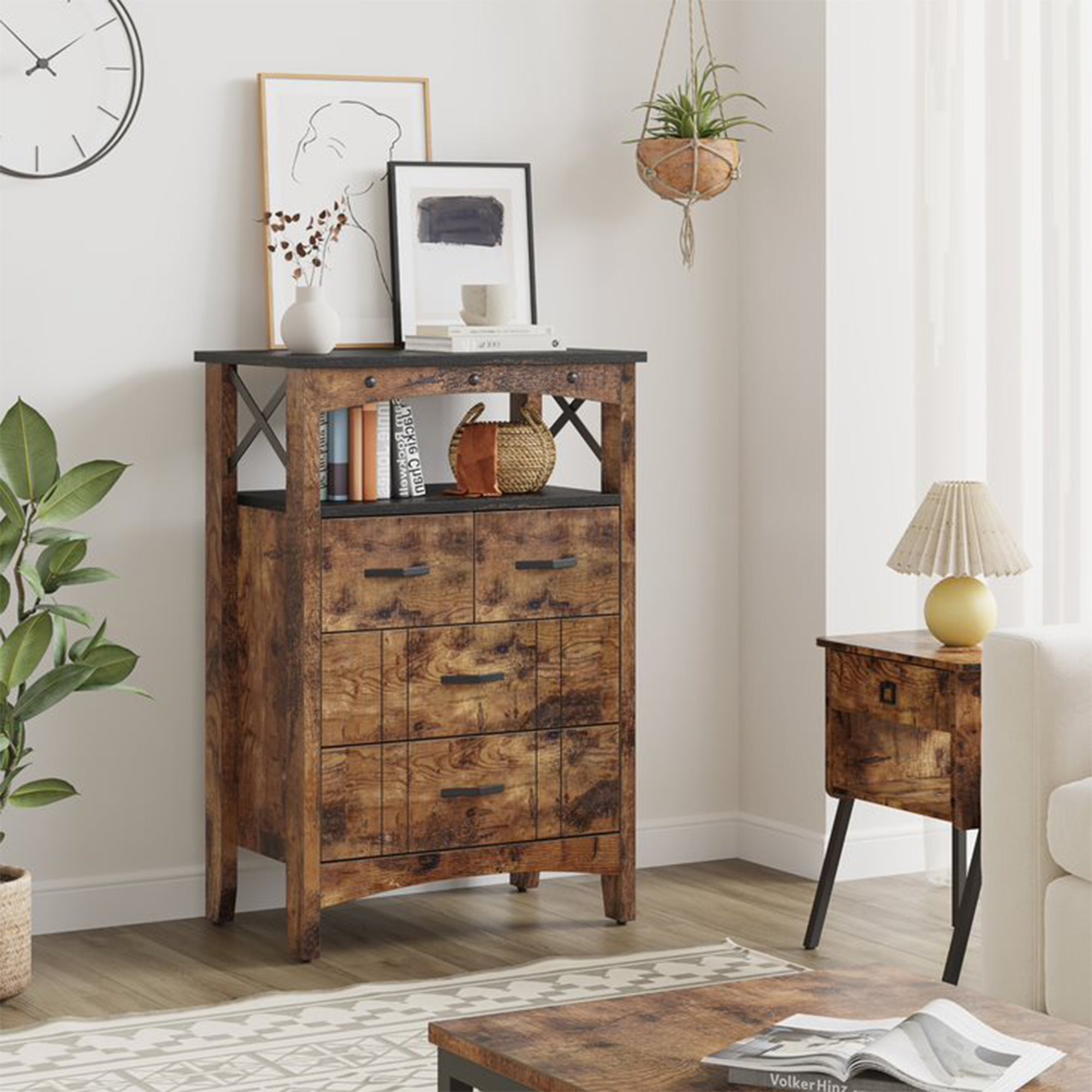 Bestier Living Room Storage Cabinet with 2 Shelves and 4 Drawers, Dark Brown - Smart-nests