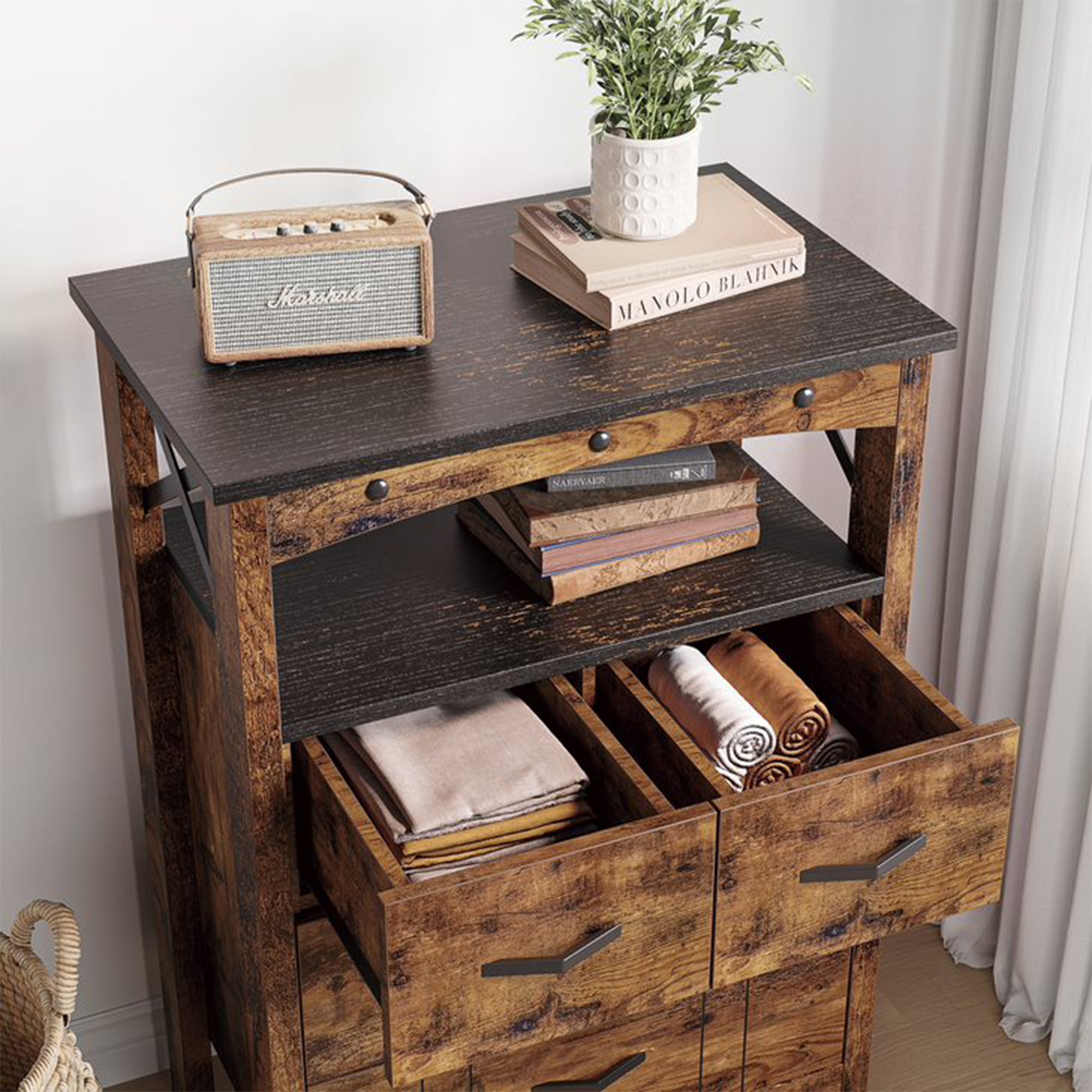 Bestier Living Room Storage Cabinet with 2 Shelves and 4 Drawers, Dark Brown - Smart-nests