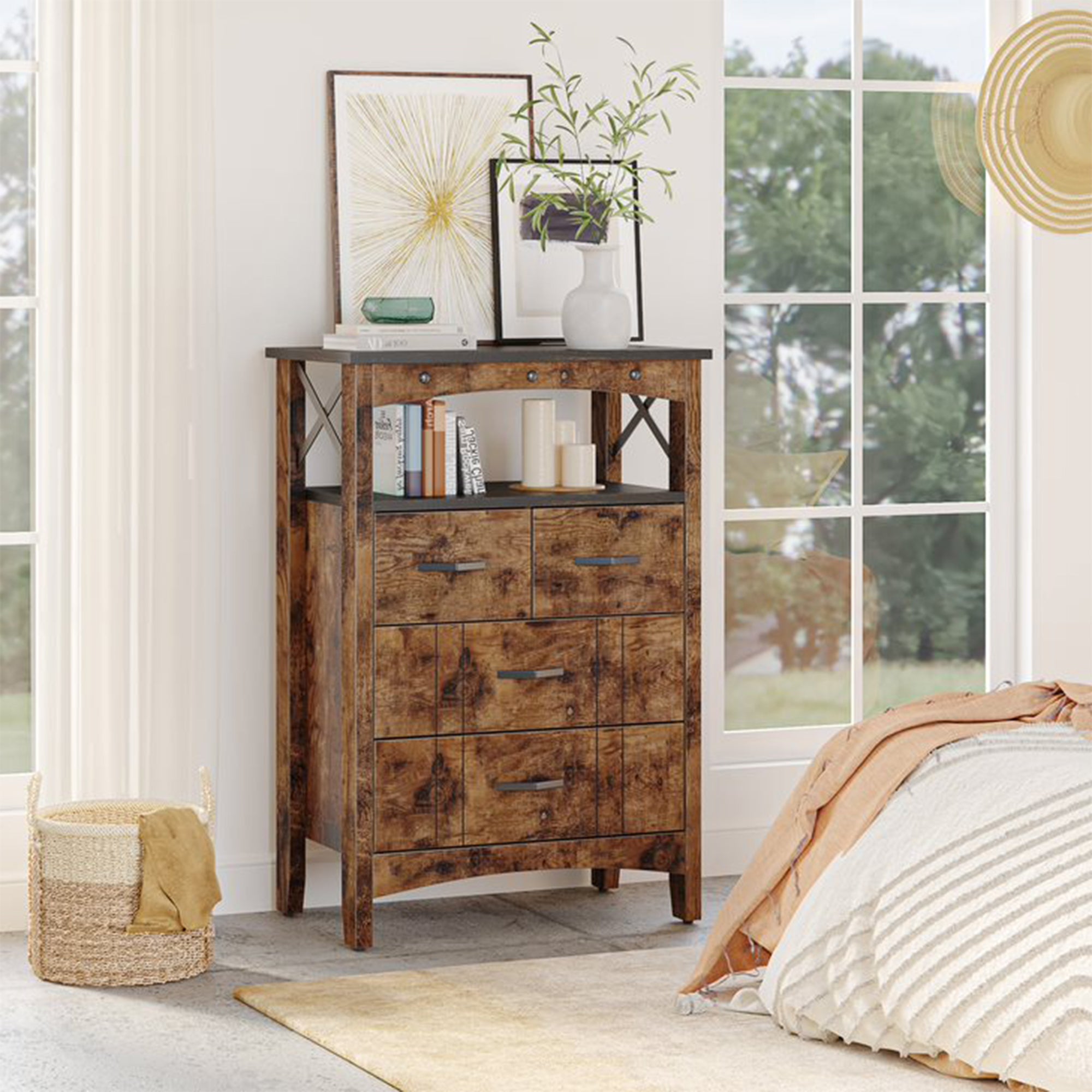 Bestier Living Room Storage Cabinet with 2 Shelves and 4 Drawers, Dark Brown - Smart-nests