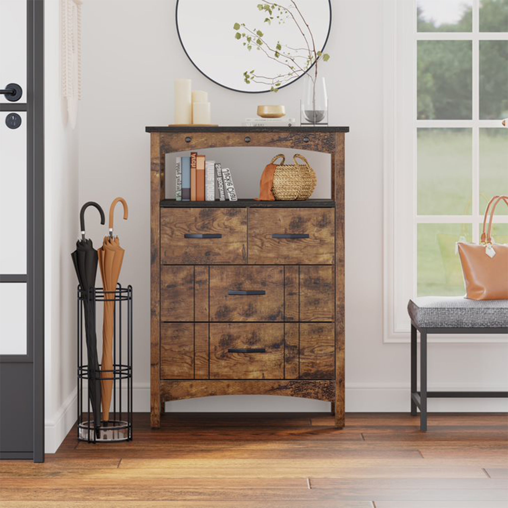 Bestier Living Room Storage Cabinet with 2 Shelves and 4 Drawers, Dark Brown - Smart-nests