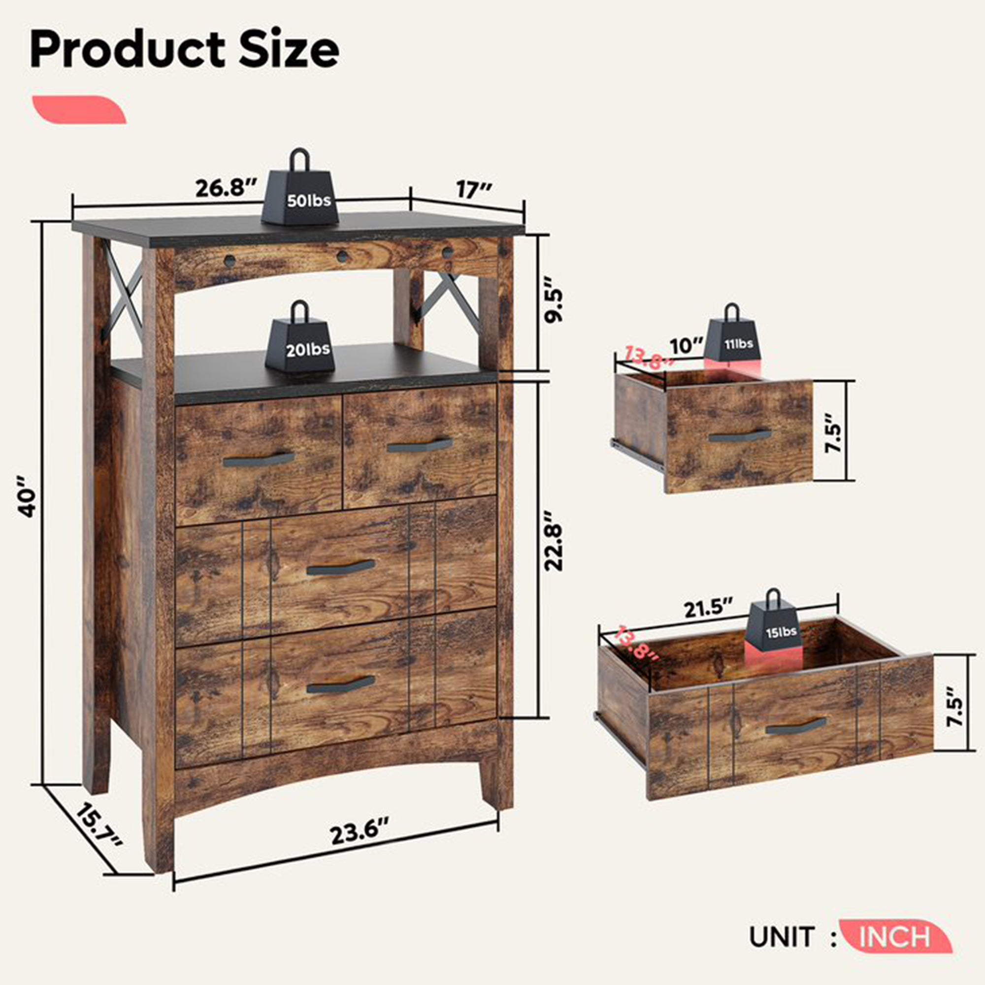 Bestier Living Room Storage Cabinet with 2 Shelves and 4 Drawers, Dark Brown - Smart-nests